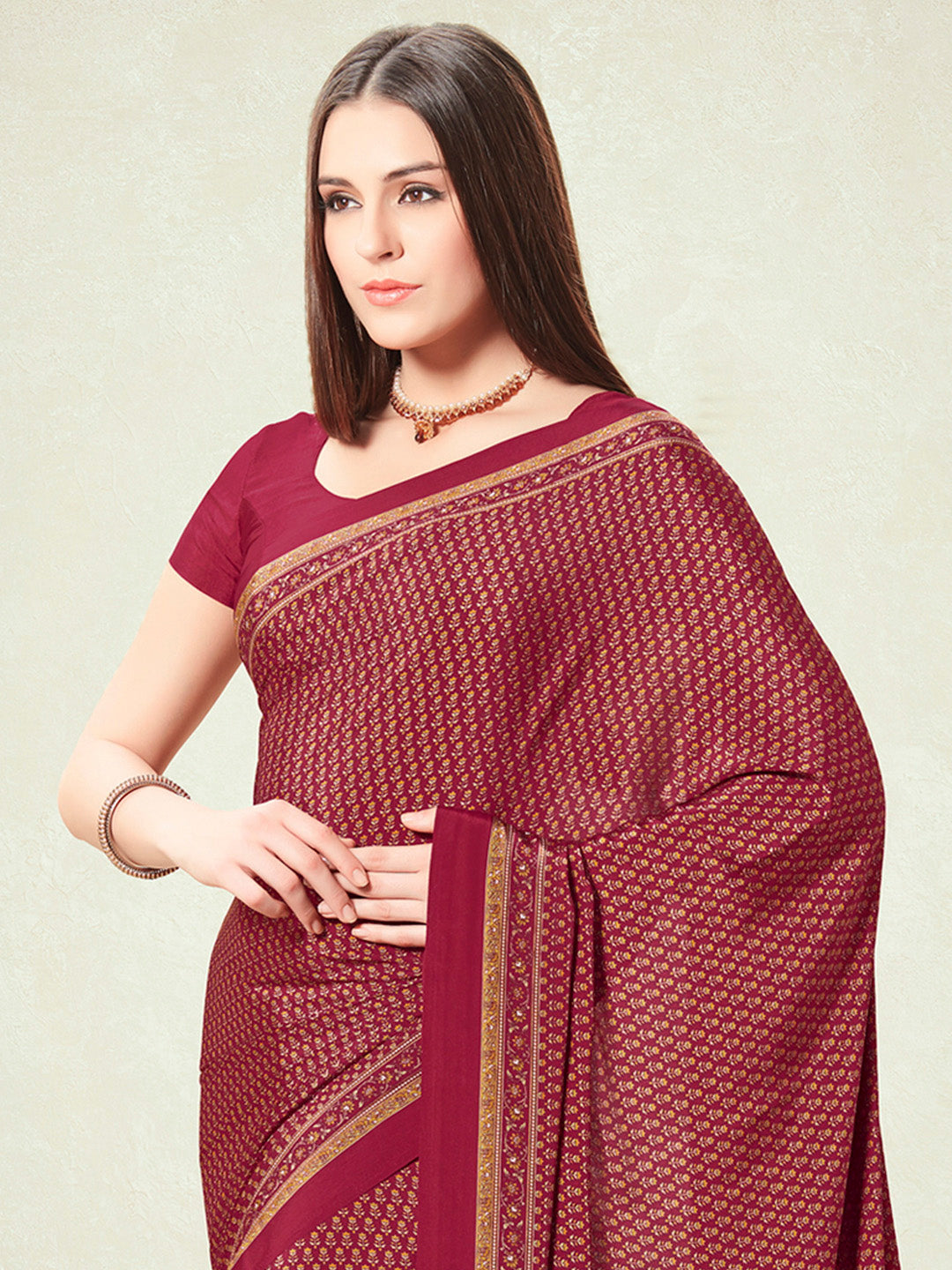 Crepe Maroon Printed Designer Saree With Blouse