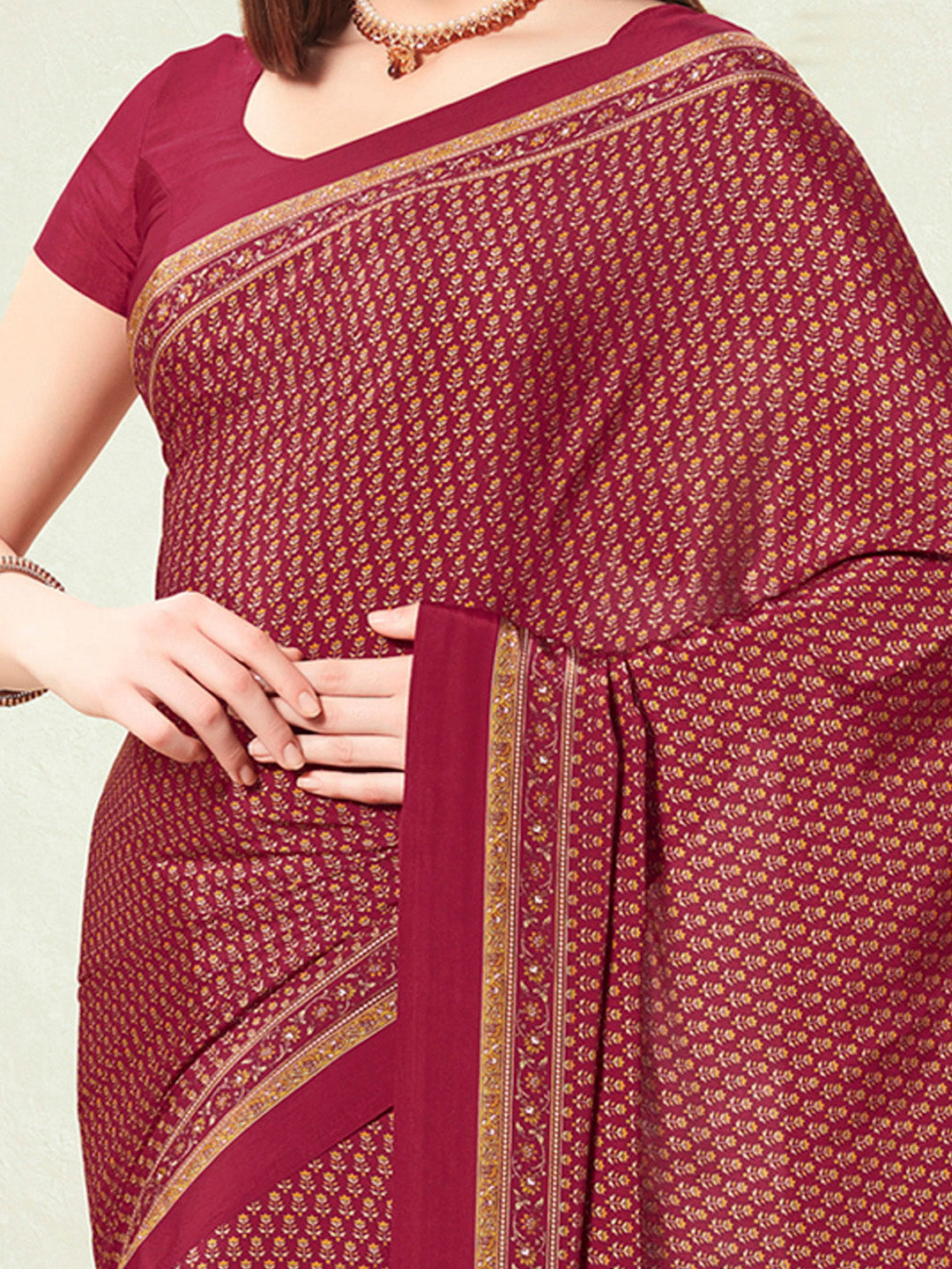 Crepe Maroon Printed Designer Saree With Blouse