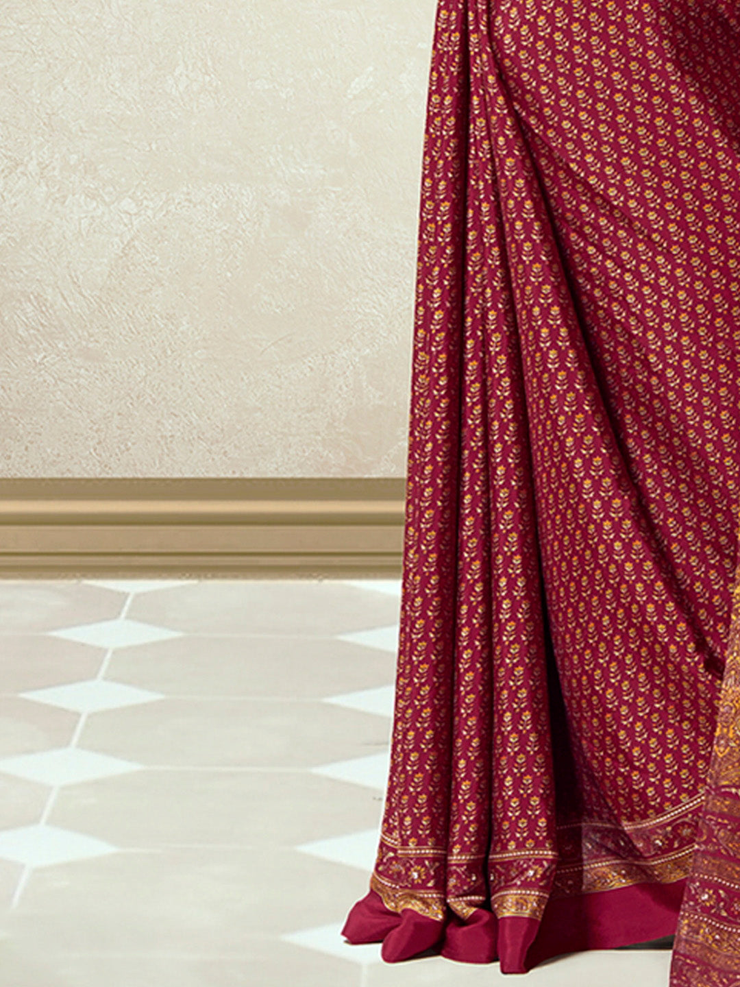 Crepe Maroon Printed Designer Saree With Blouse