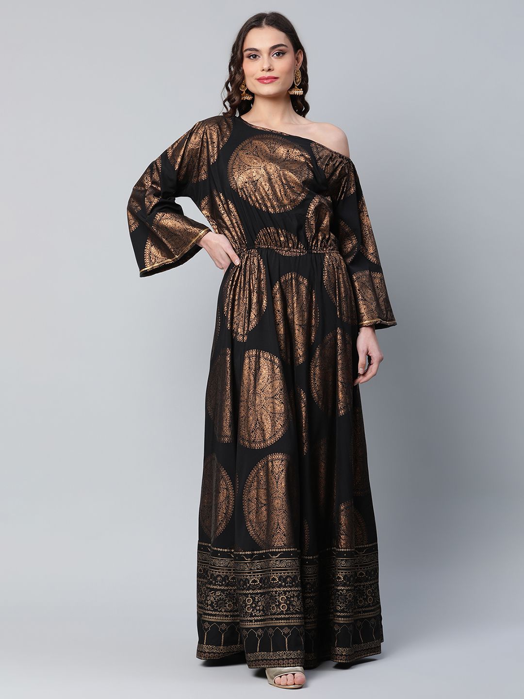 Black Crepe Copper Foil Printed Maxi Dress