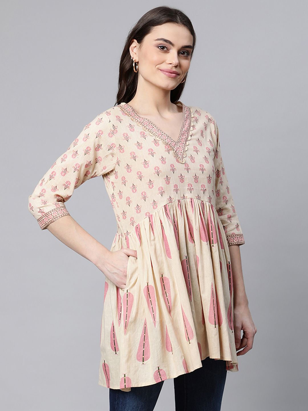 Beige Pure Cotton Printed Tunic