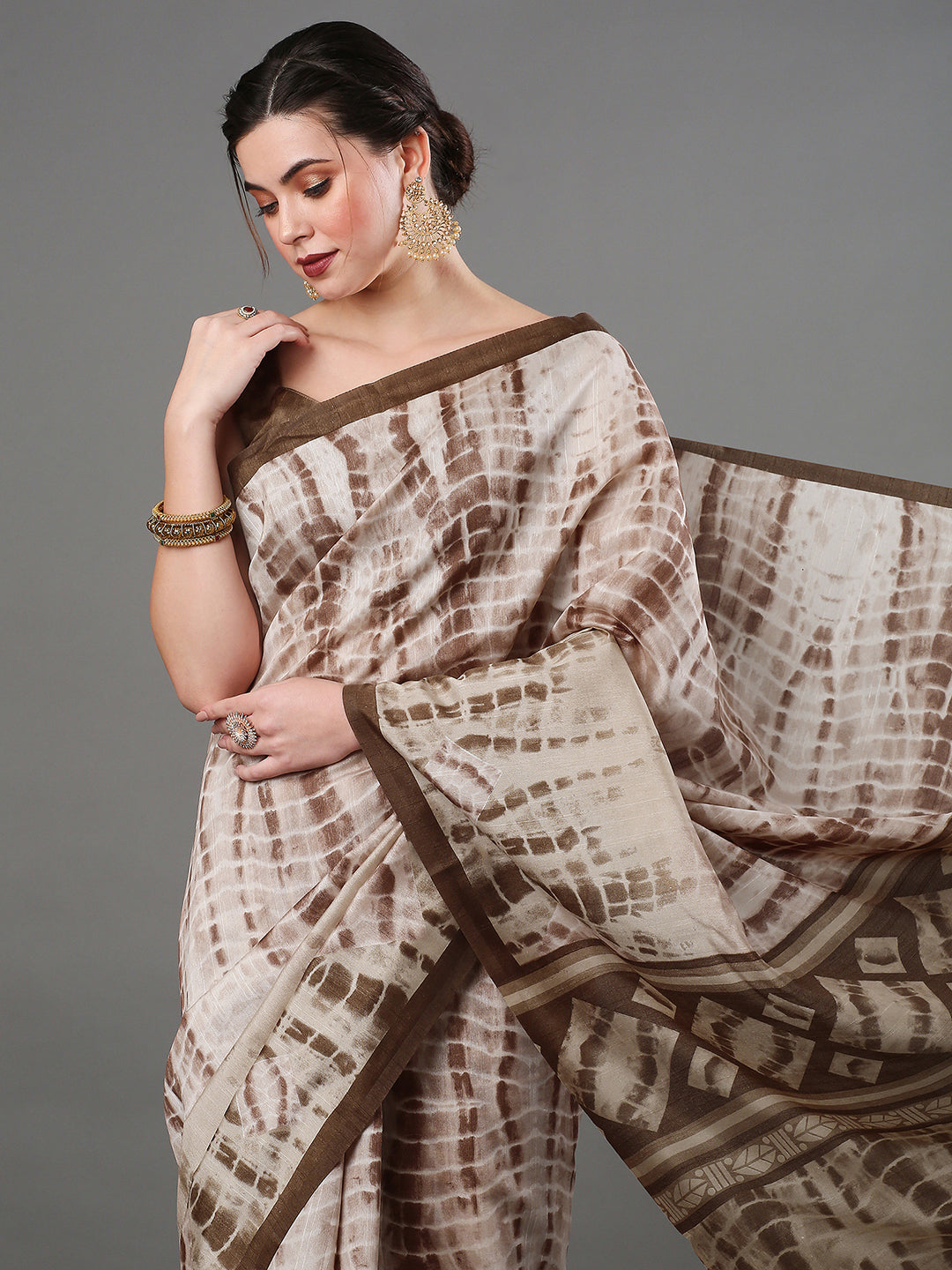 Bhagalpuri Silk Beige Tie-Dye Designer Saree With Blouse