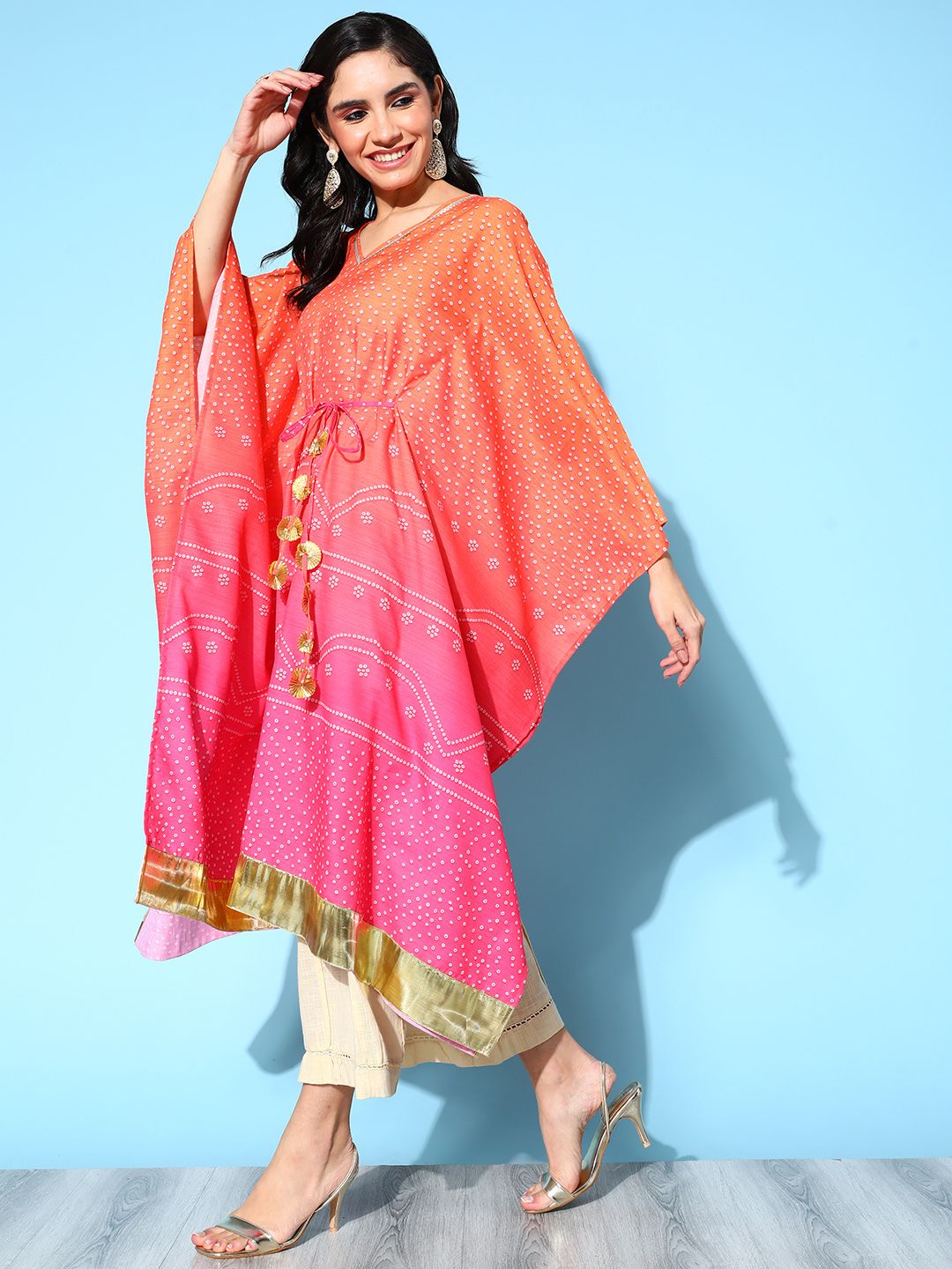 Orange Pure Cotton Blend Printed Kaftan Kurta