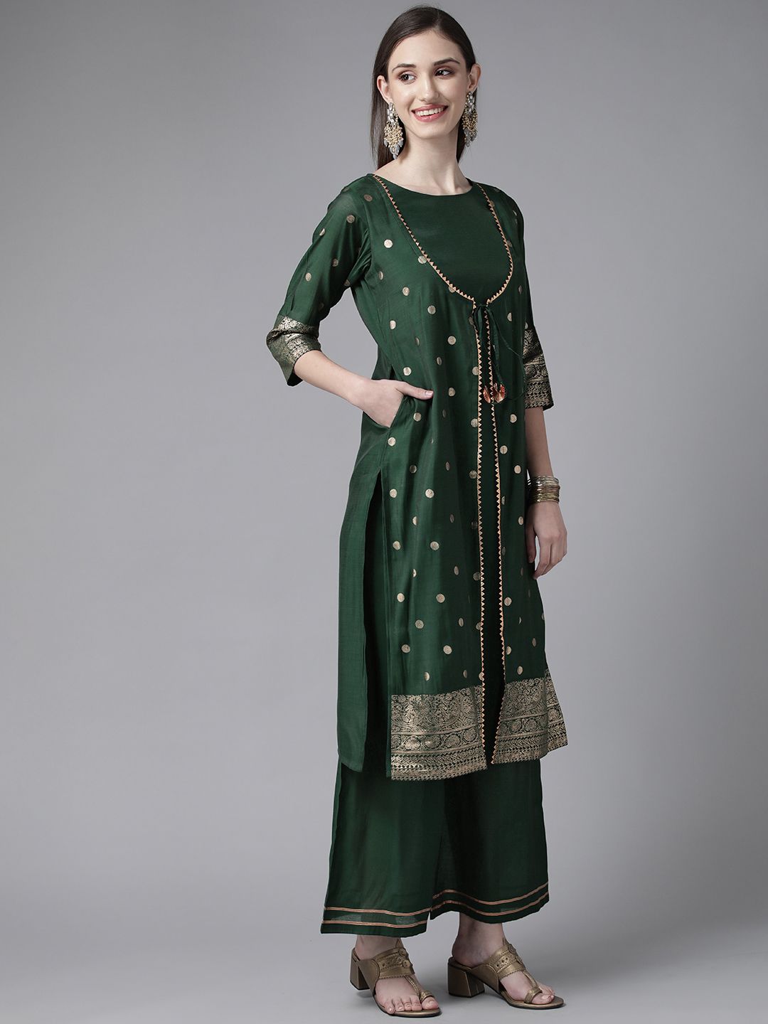 Dark Green Chanderi Gold Printed Kurta Palazzo Set