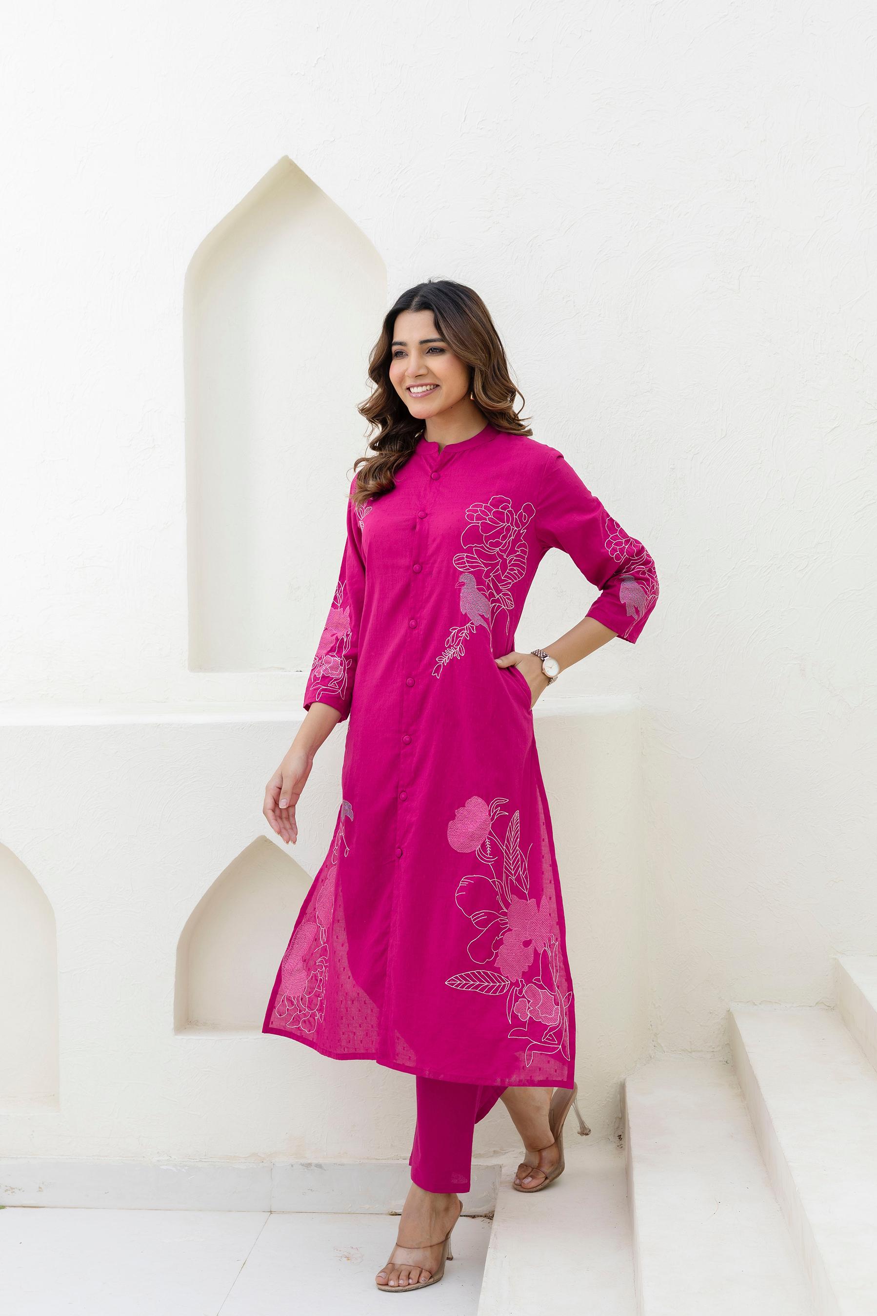 Mokabara Rosy embroidery cotton kurta pant set- AL