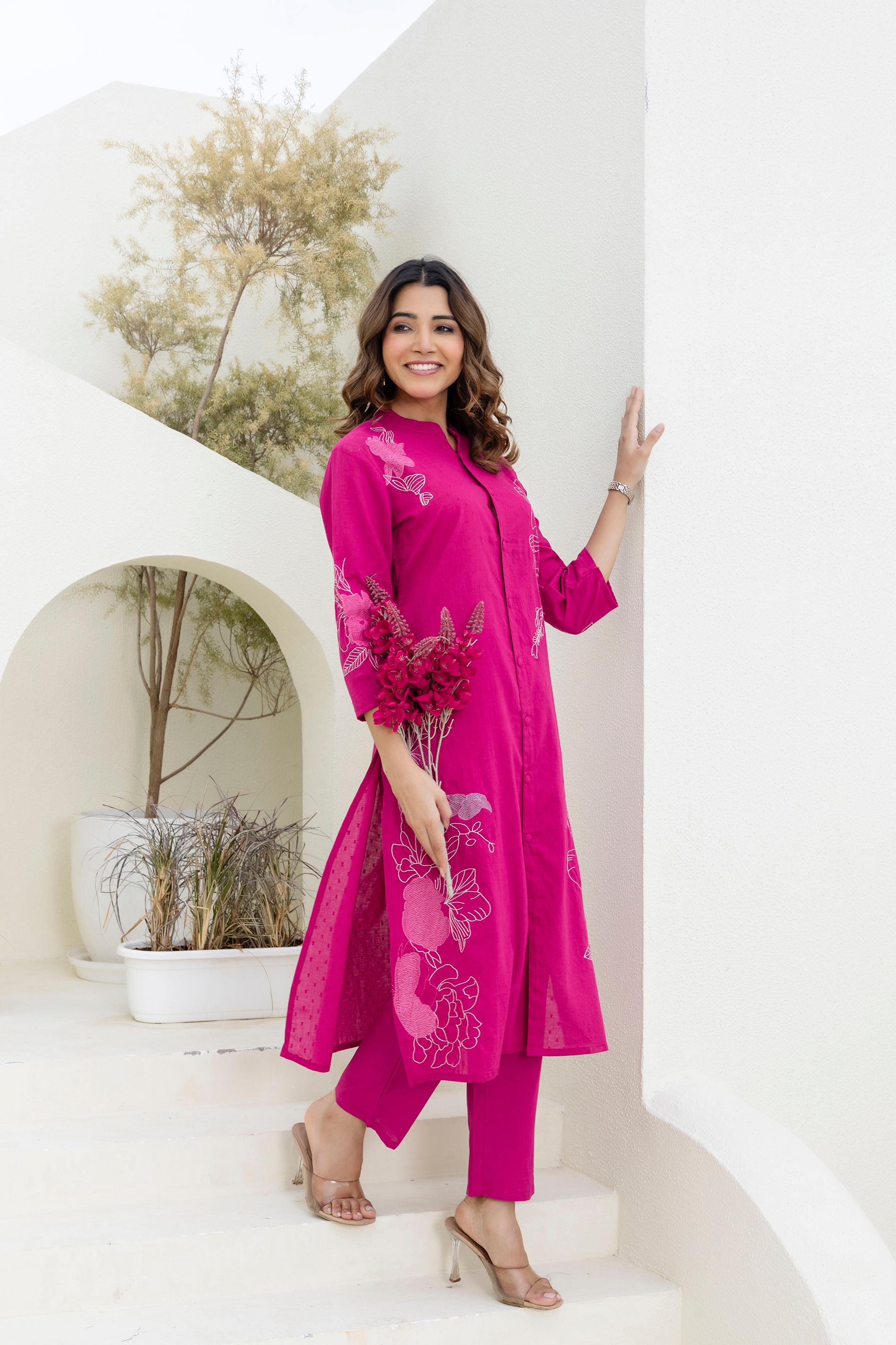 Mokabara Rosy embroidery cotton kurta pant set- AL