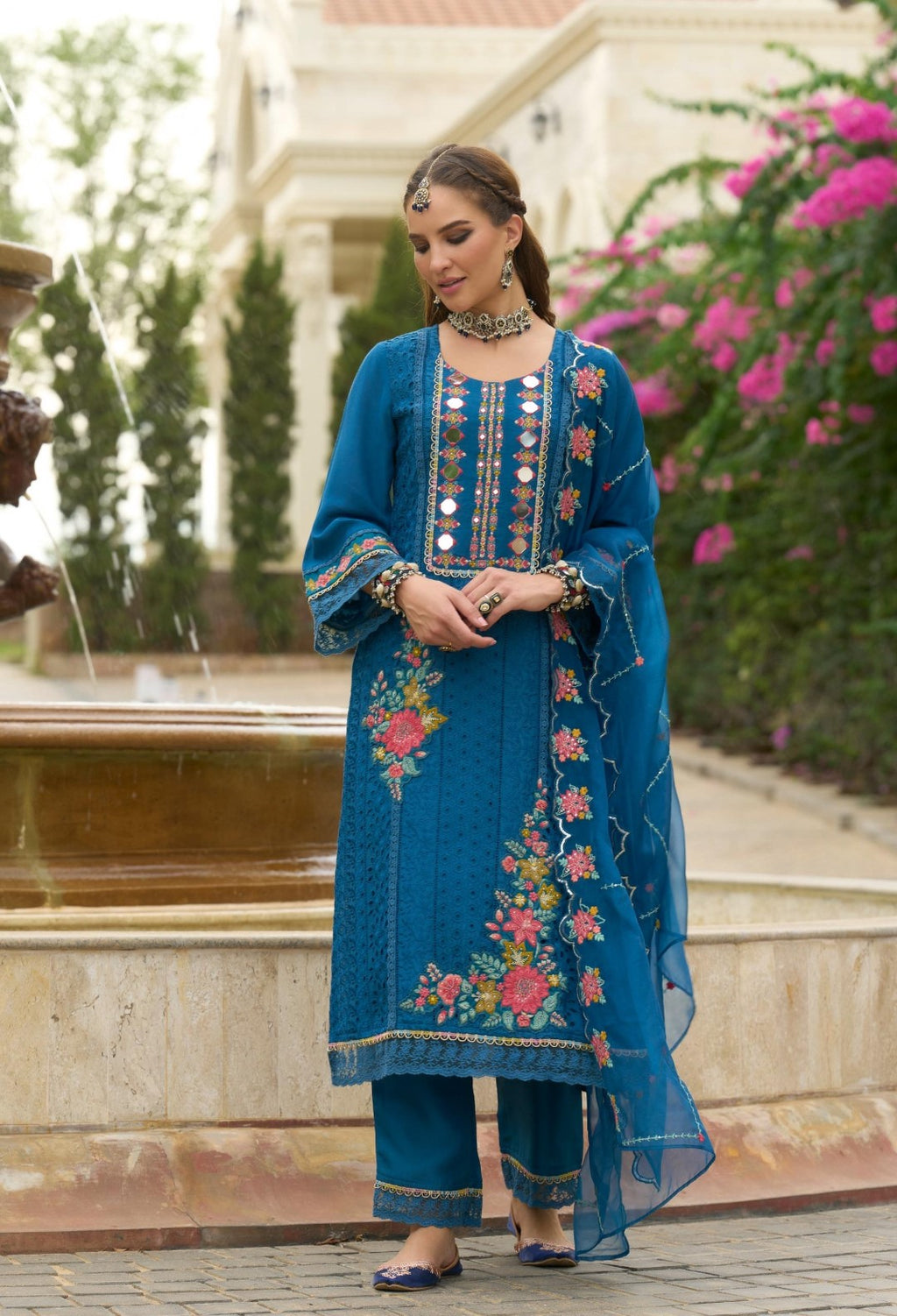 Chandrani Cobalt Schiffli Full Work Suit Set