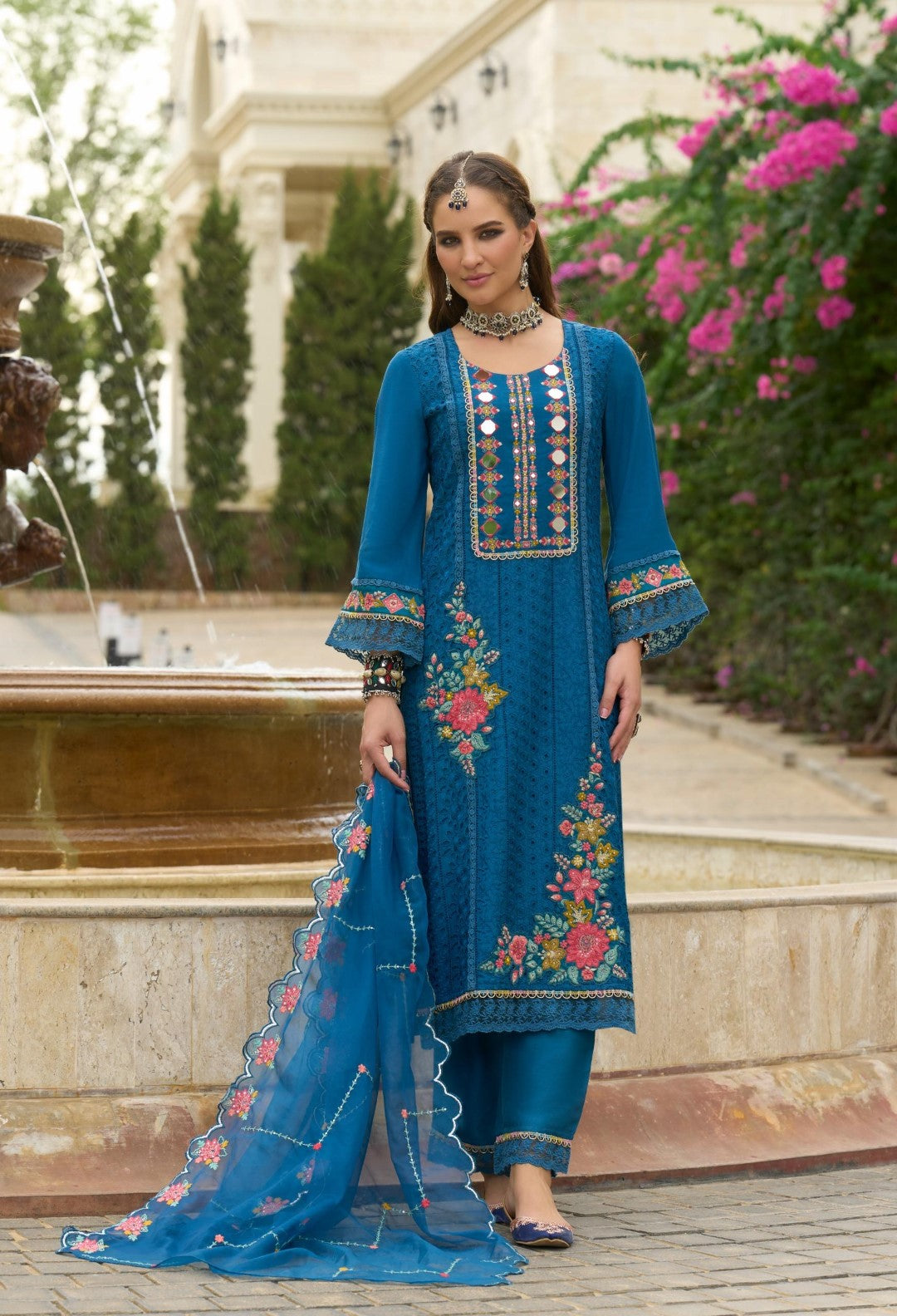Chandrani Cobalt Schiffli Full Work Suit Set