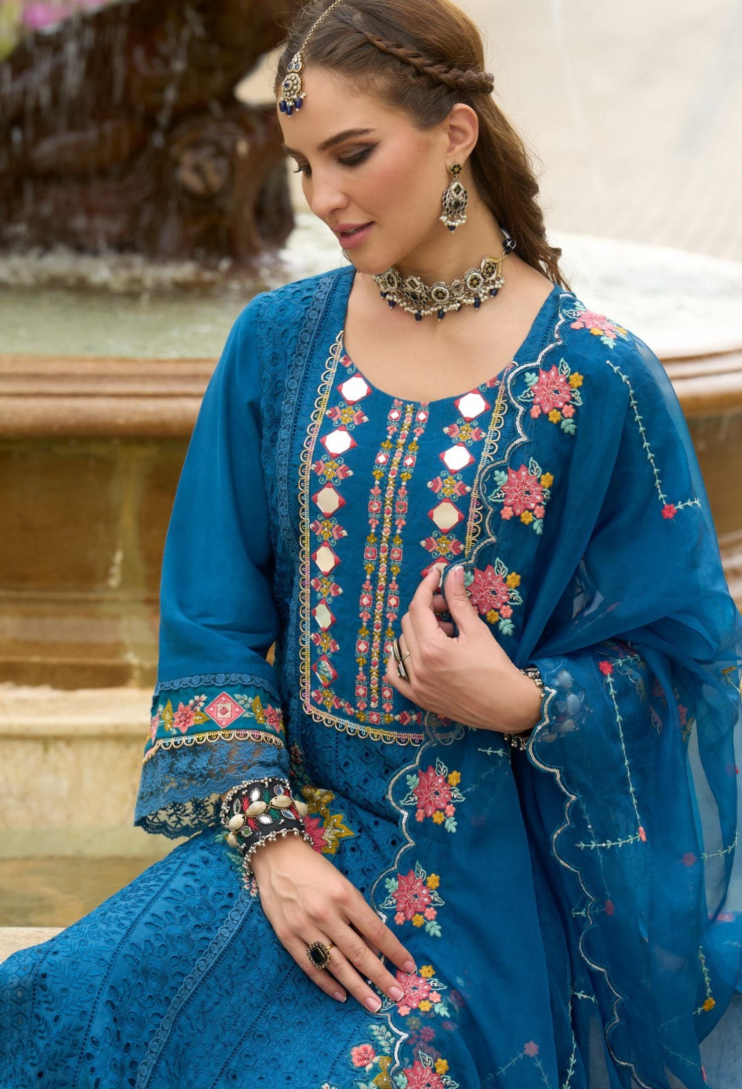 Chandrani Cobalt Schiffli Full Work Suit Set