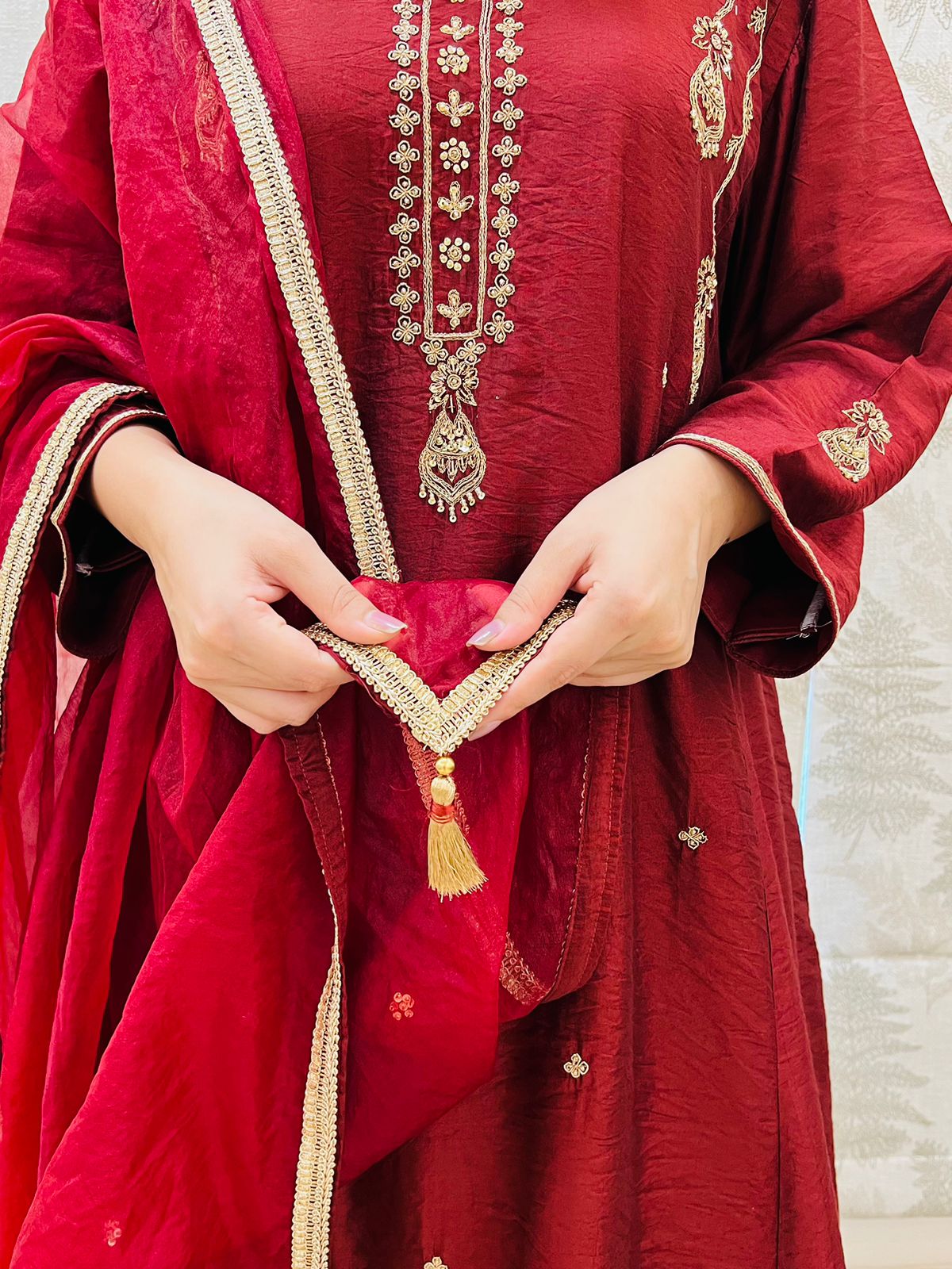 Red Chanderi Golden Hand Embroidered Suit Set