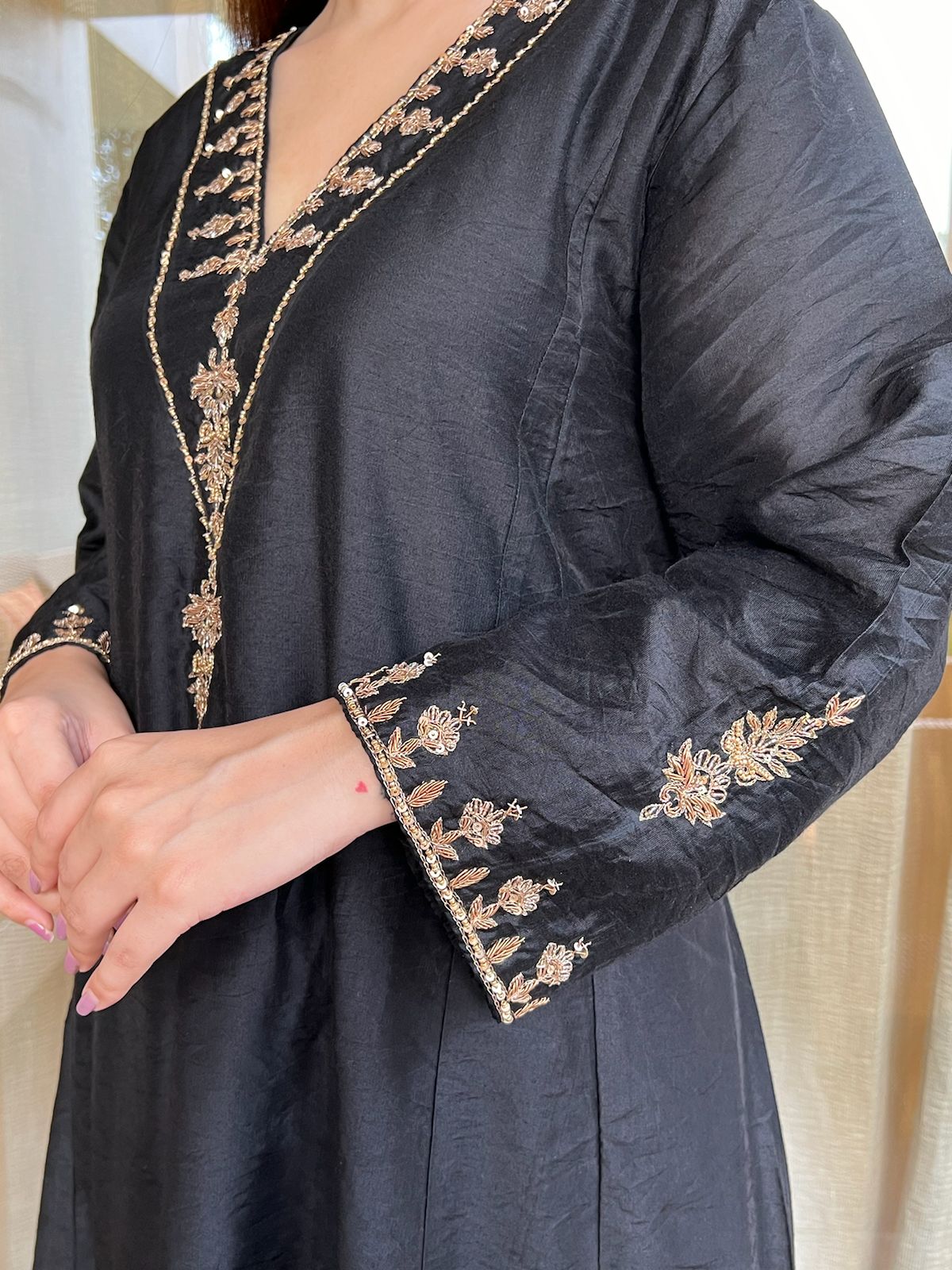 Black V neck Chanderi Golden Embroidered Kurta And Pant -Set of 2