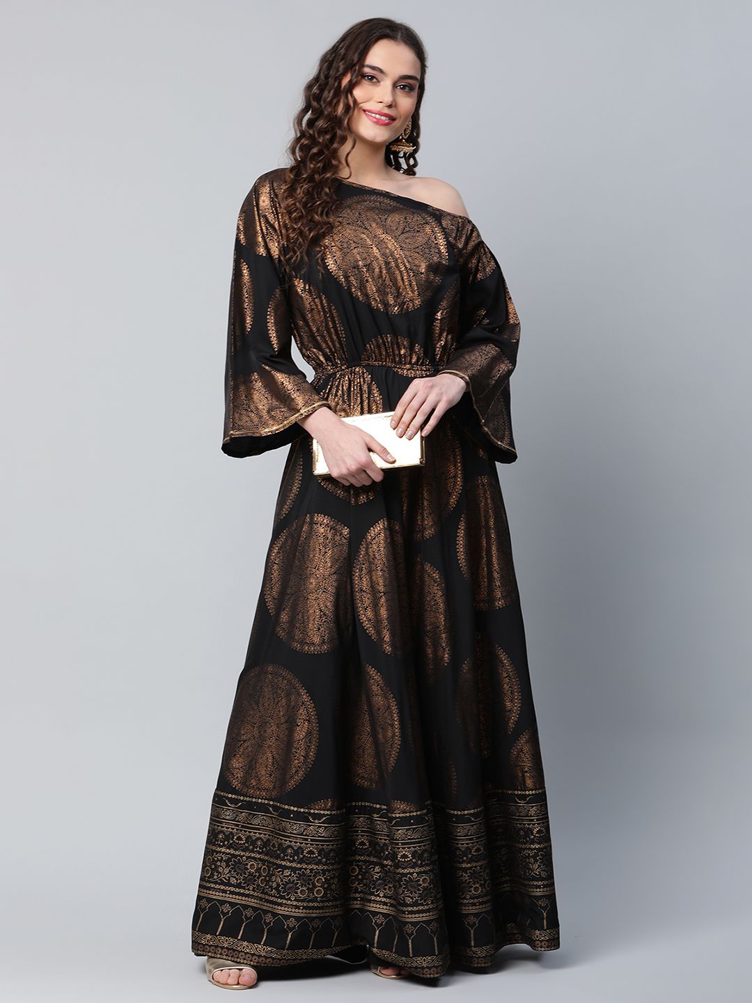 Black Crepe Copper Foil Printed Maxi Dress