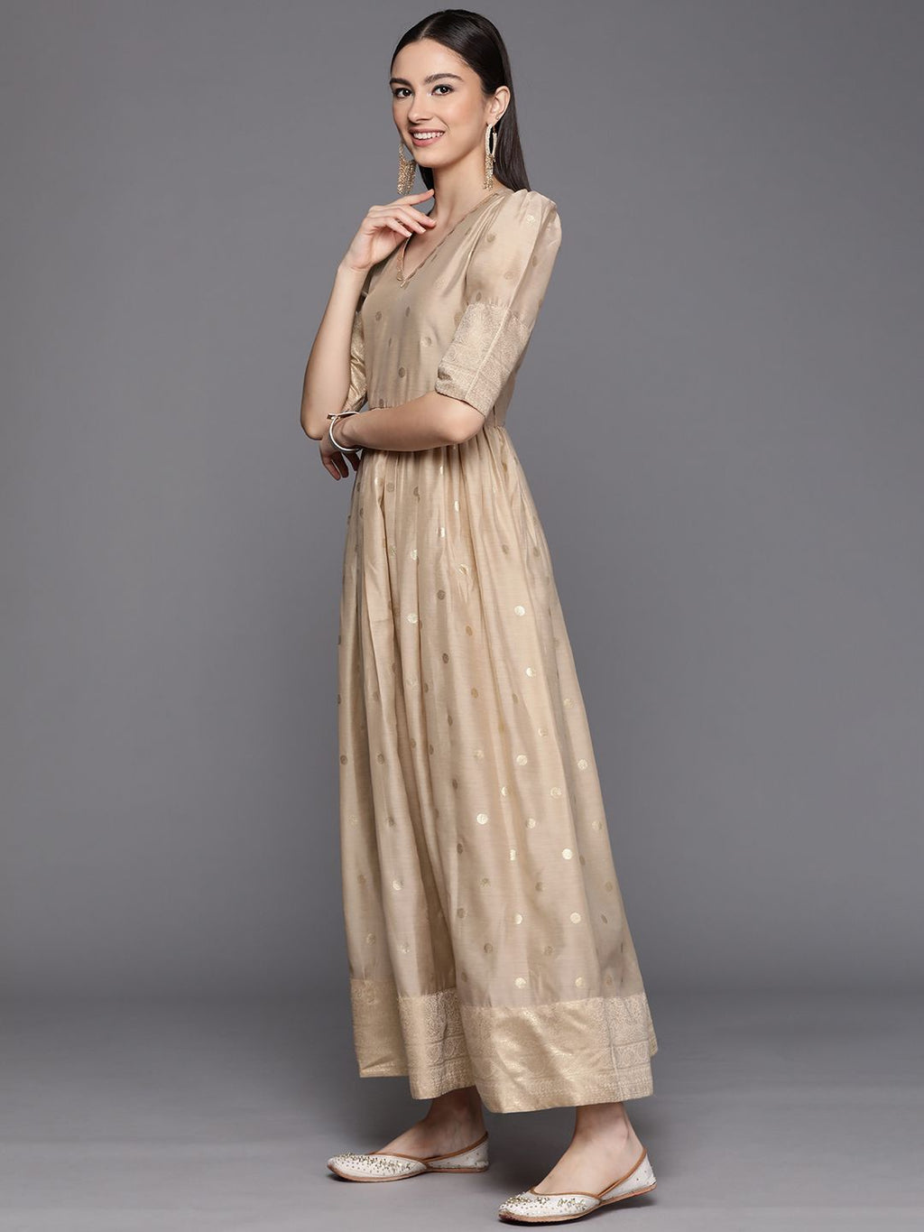 Beige Chanderi Gold Foil Print Dress-AH