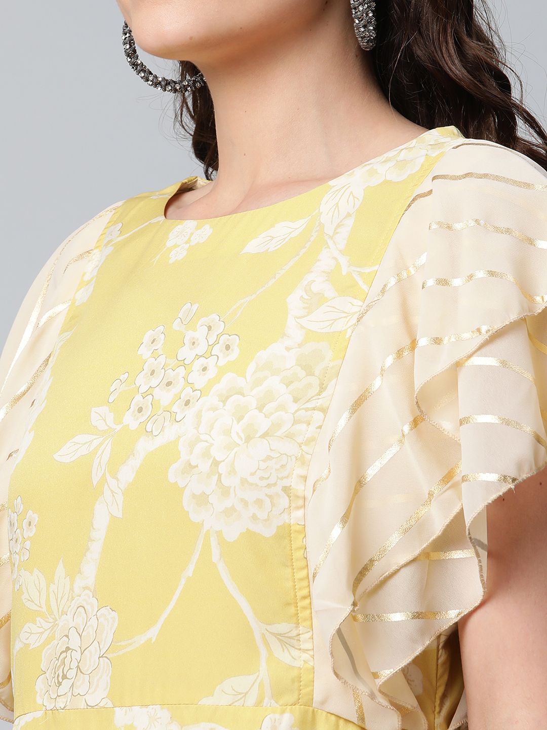 Lemon Yellow Crepe Floral Dress