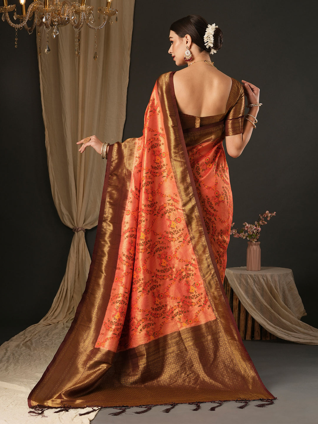 Silk Blend Brown Woven Design Designer Saree With Blouse