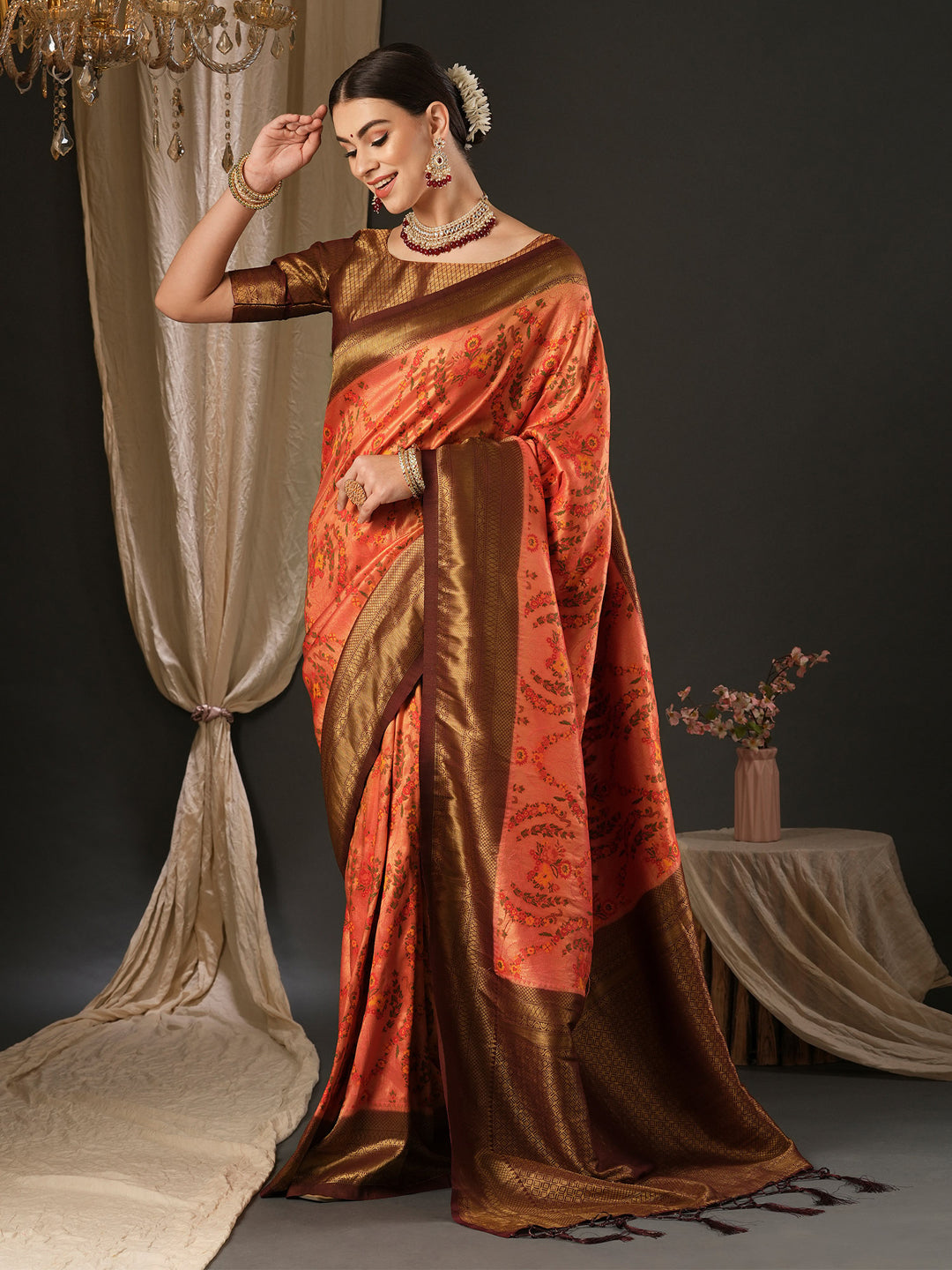 Silk Blend Brown Woven Design Designer Saree With Blouse