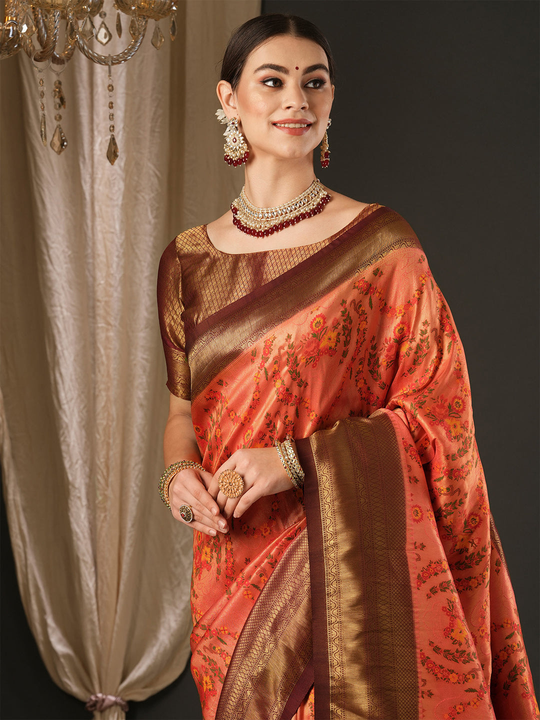 Silk Blend Brown Woven Design Designer Saree With Blouse