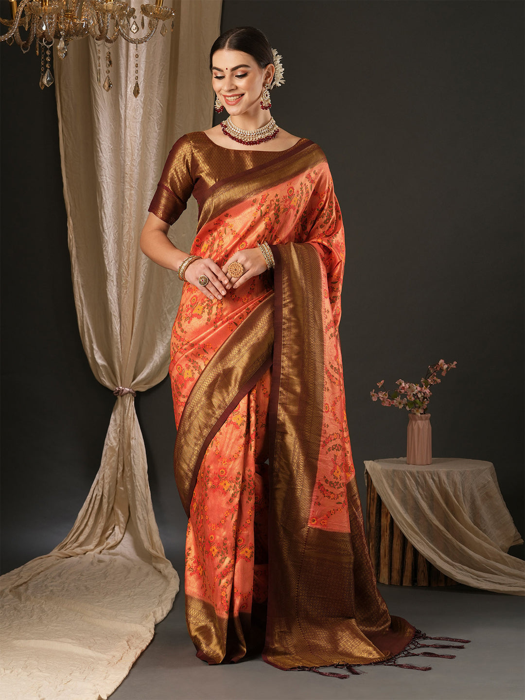 Silk Blend Brown Woven Design Designer Saree With Blouse