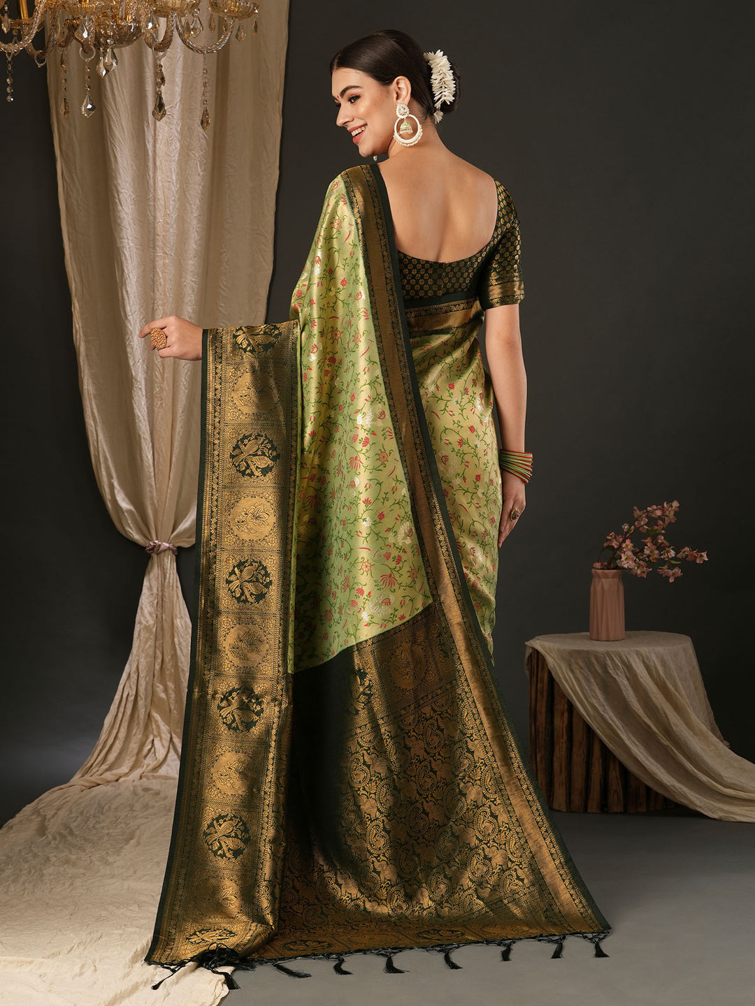 Silk Blend Green Woven Design Designer Saree With Blouse