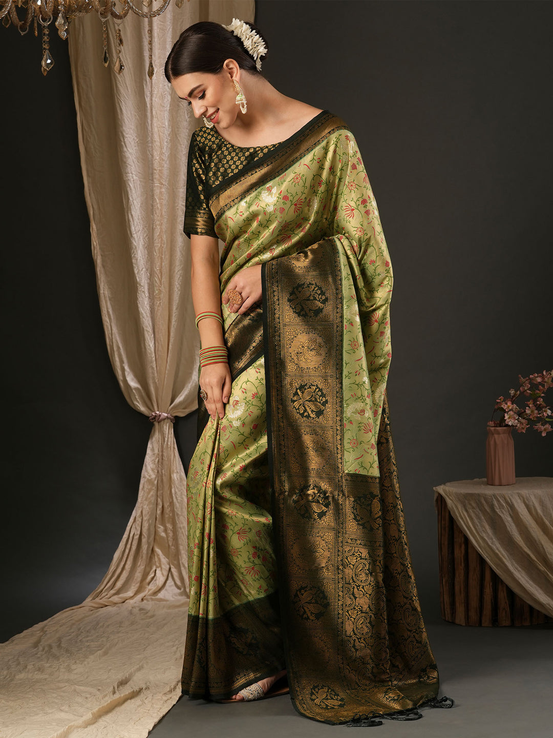 Silk Blend Green Woven Design Designer Saree With Blouse