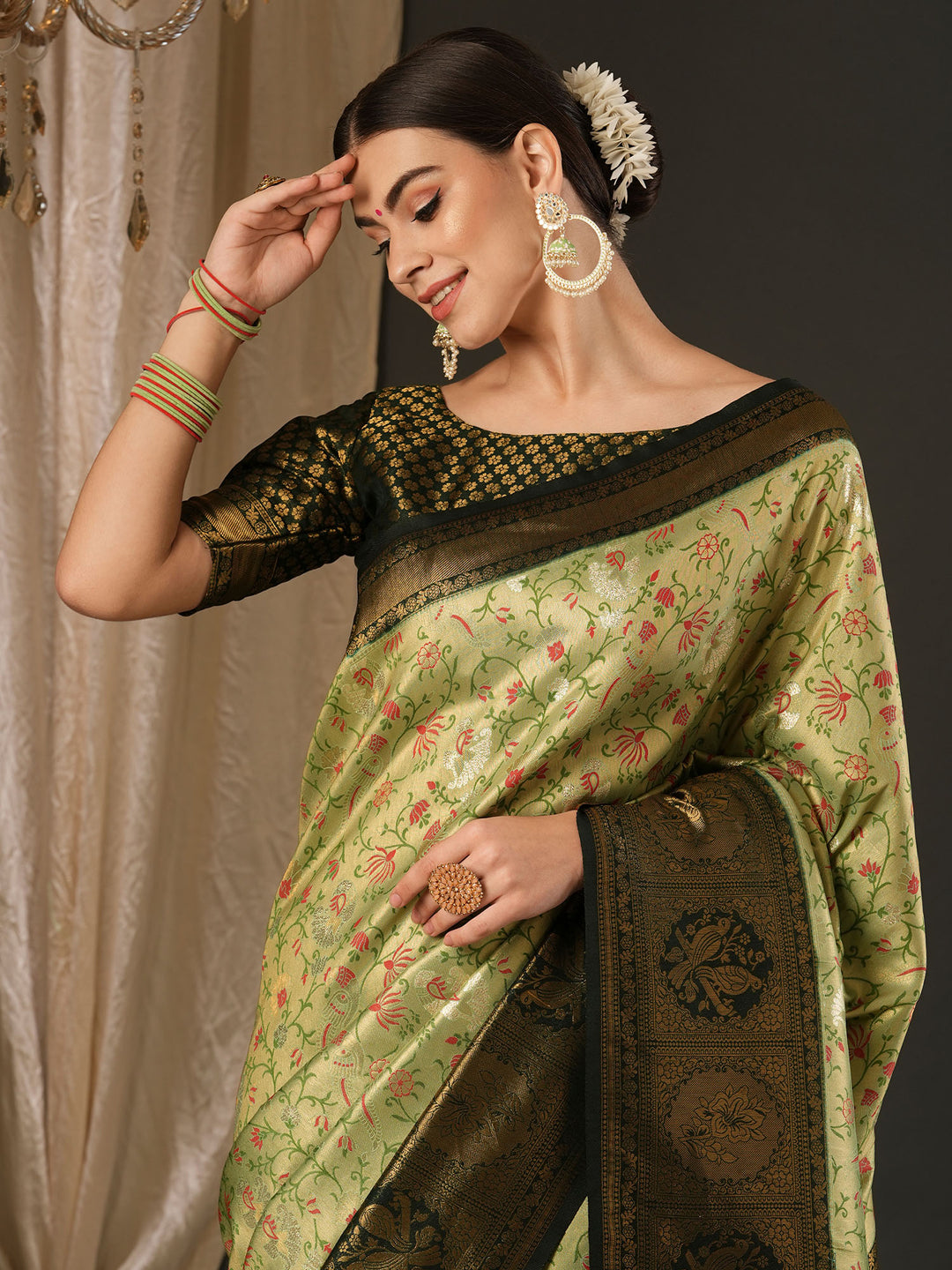 Silk Blend Green Woven Design Designer Saree With Blouse