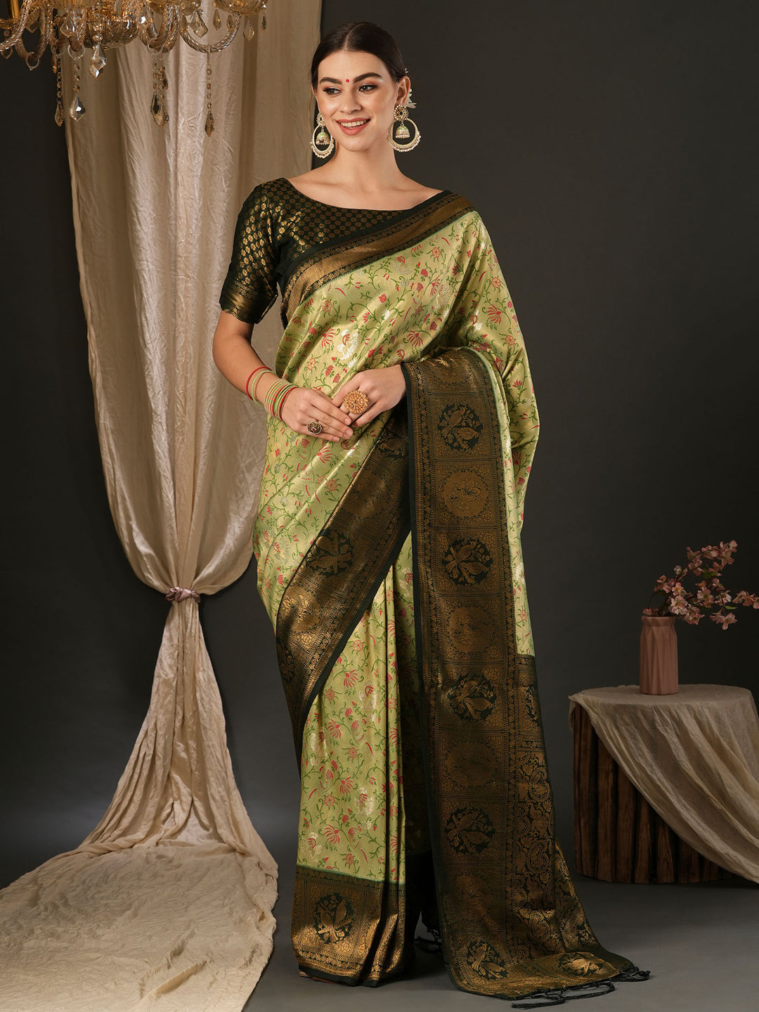 Silk Blend Green Woven Design Designer Saree With Blouse