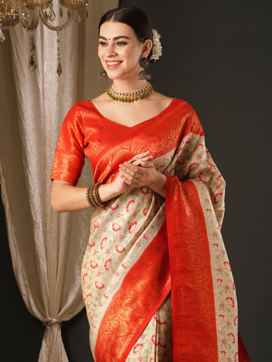 Silk Blend Red Woven Design Designer Saree With Blouse