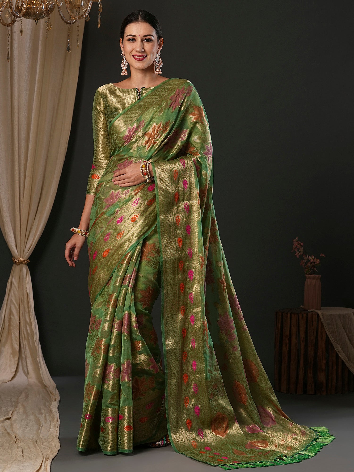Organza Light Green Woven Design Designer Saree With Blouse