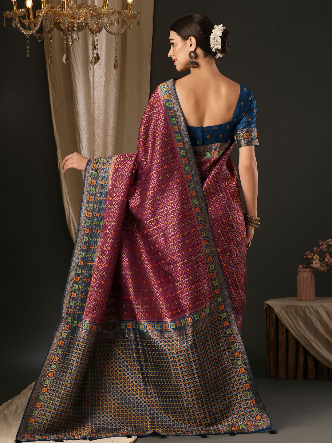 Silk Blend Teal blue Woven Design Designer Saree With Blouse