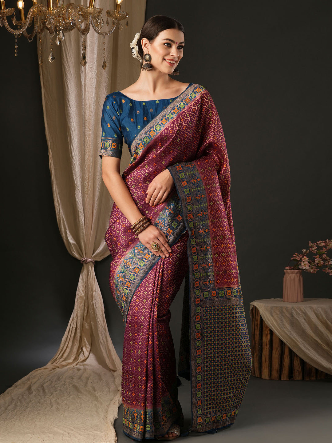 Silk Blend Teal blue Woven Design Designer Saree With Blouse