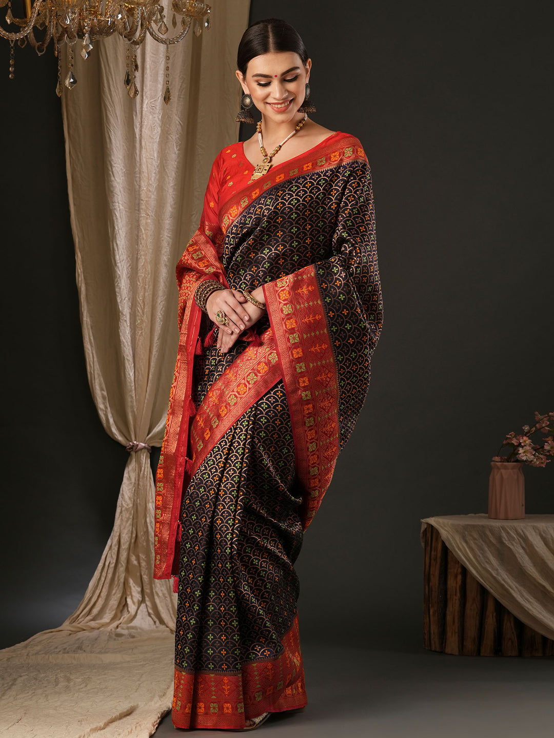 Silk Blend Red Woven Design Designer Saree With Blouse