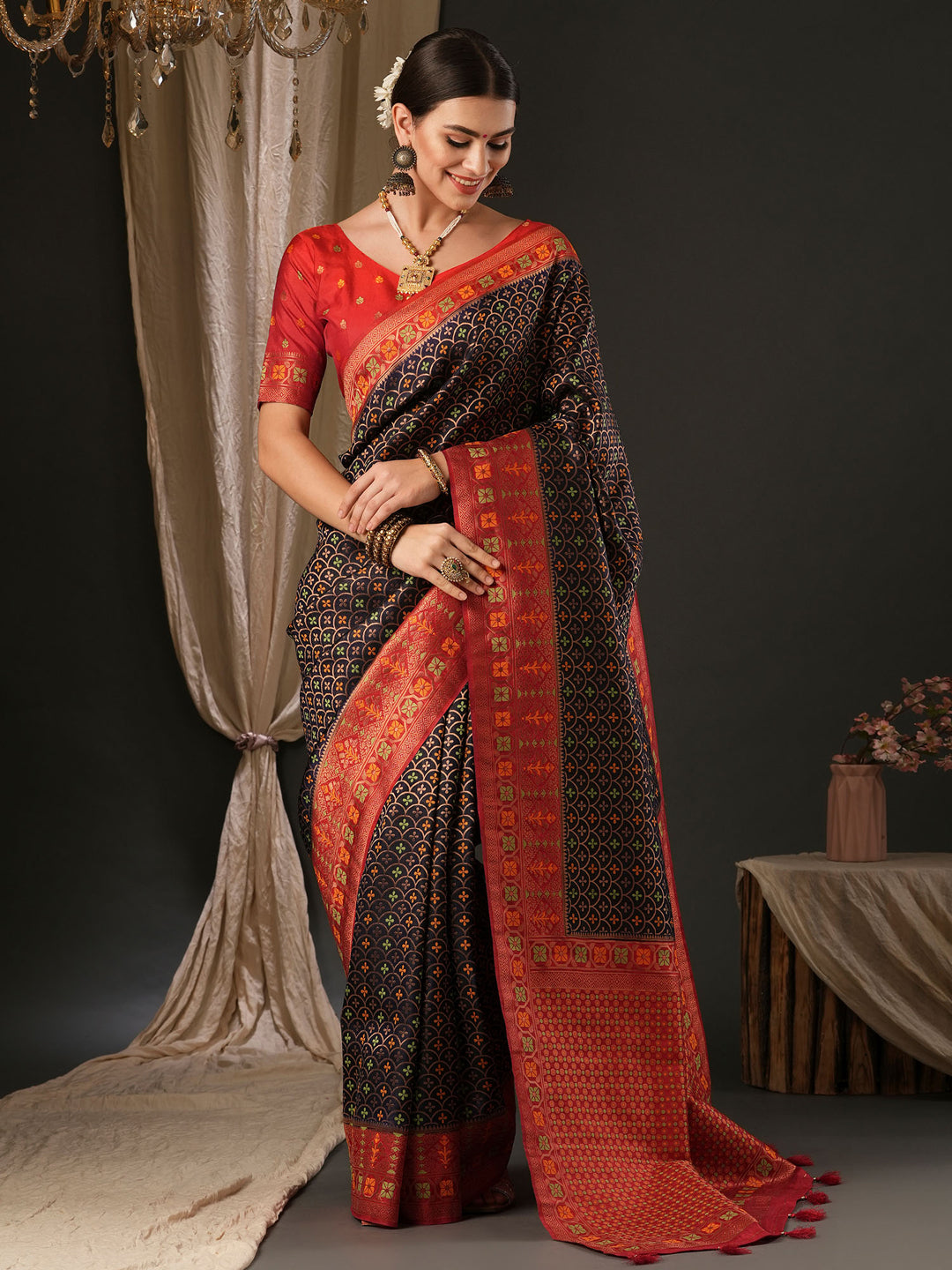 Silk Blend Red Woven Design Designer Saree With Blouse