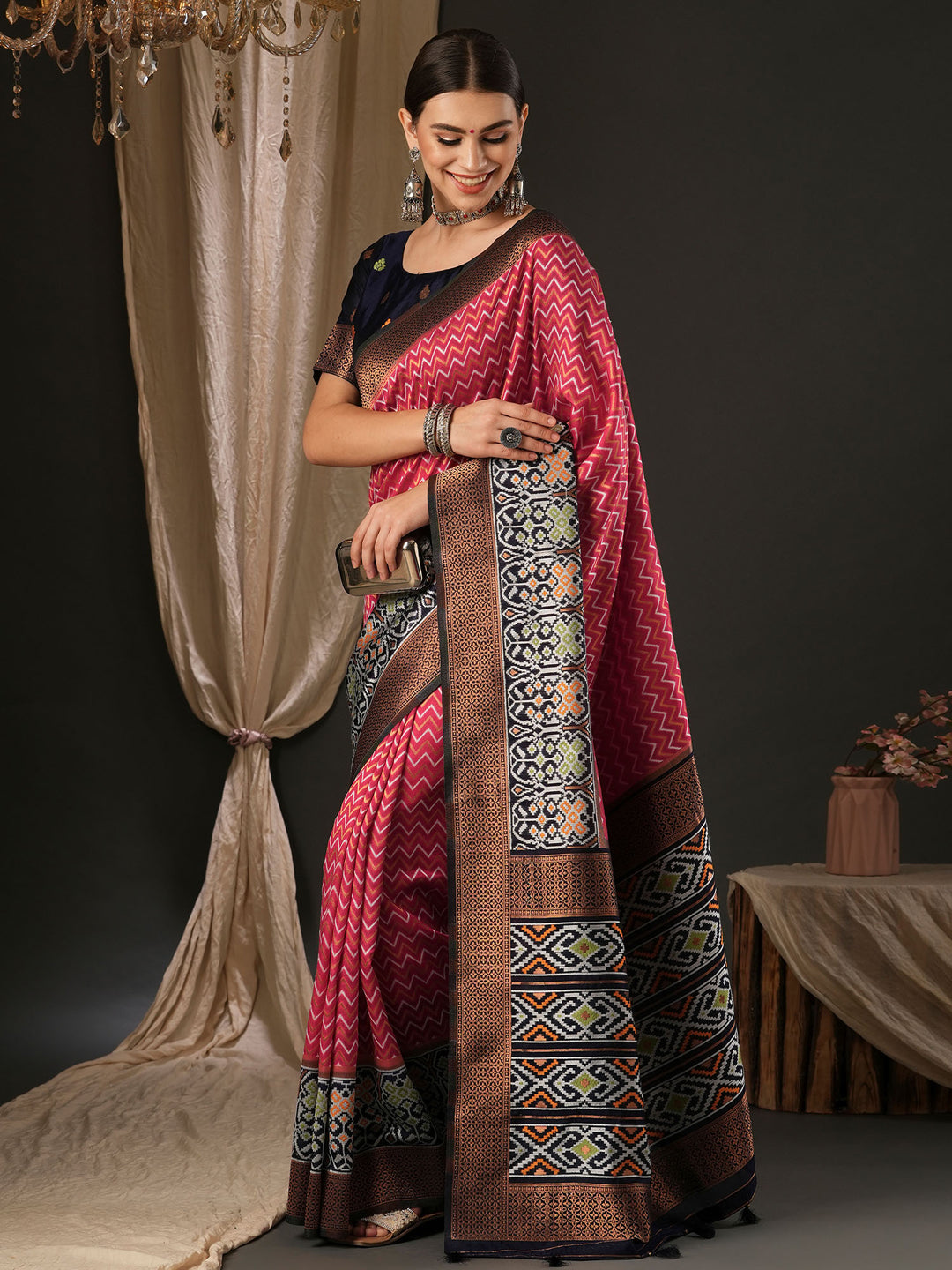 Silk Blend Navy Blue Woven Design Designer Saree With Blouse