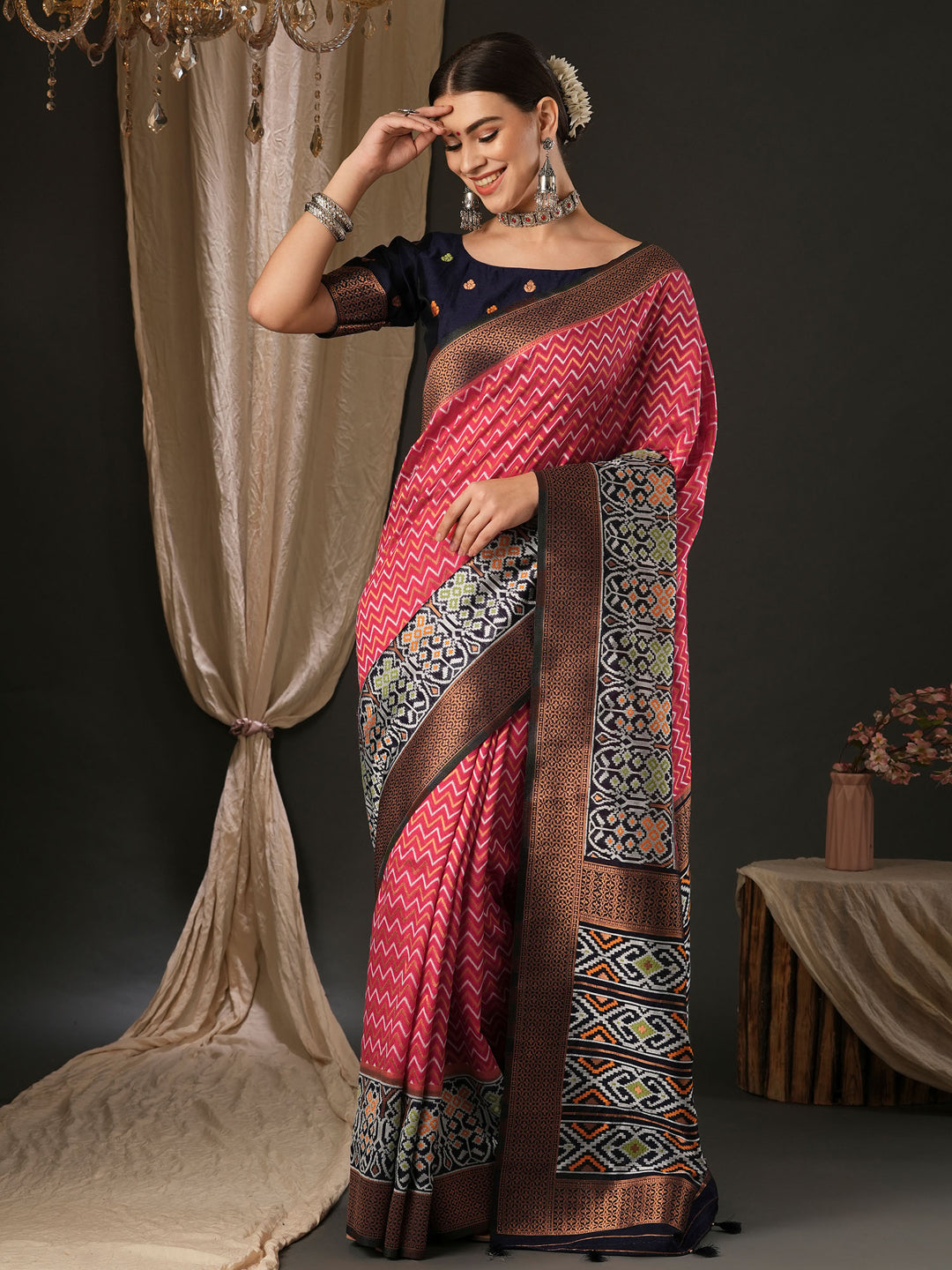 Silk Blend Navy Blue Woven Design Designer Saree With Blouse