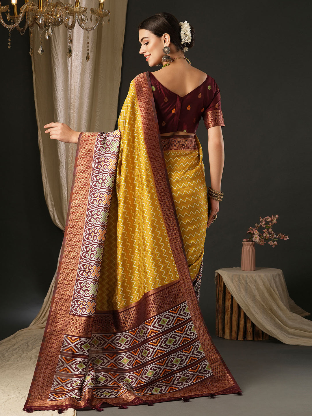 Silk Blend Brown Woven Design Designer Saree With Blouse