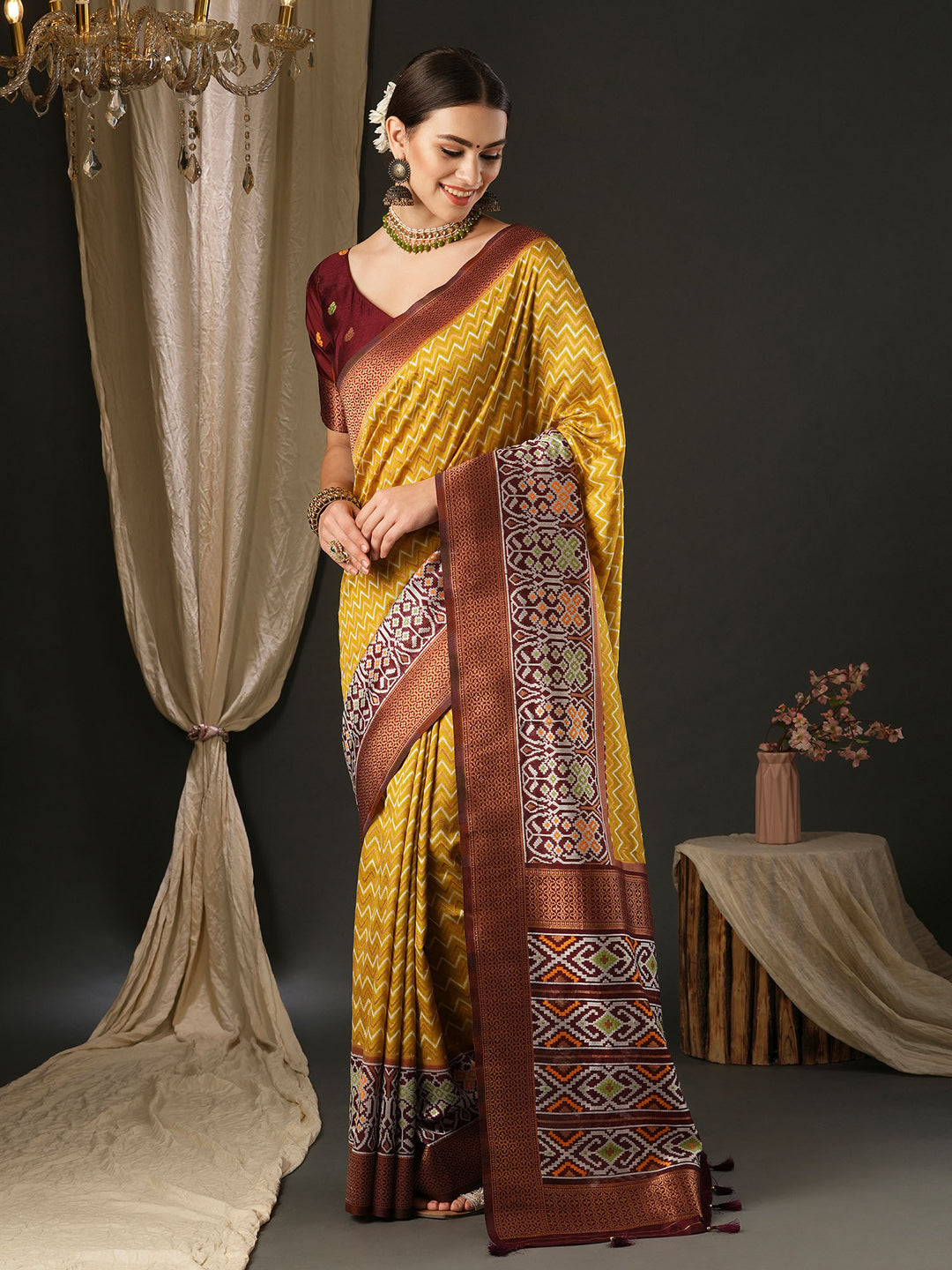 Silk Blend Brown Woven Design Designer Saree With Blouse