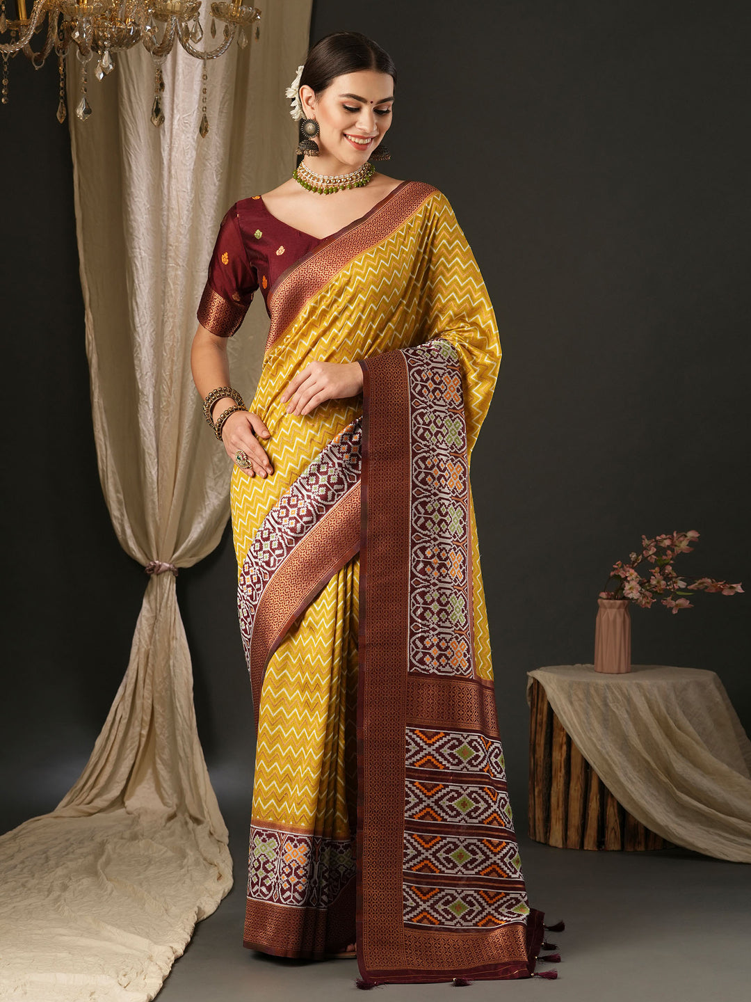 Silk Blend Brown Woven Design Designer Saree With Blouse