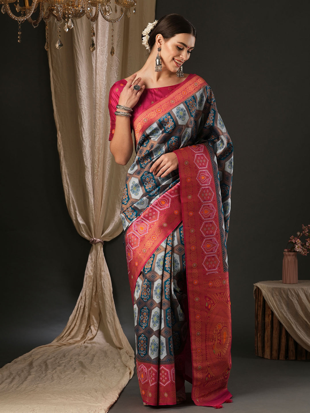 Silk Blend Pink Woven Design Designer Saree With Blouse