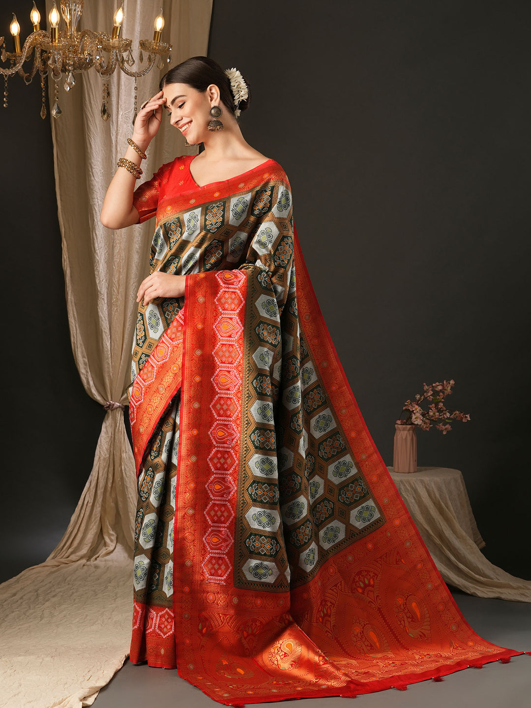 Silk Blend Red Woven Design Designer Saree With Blouse