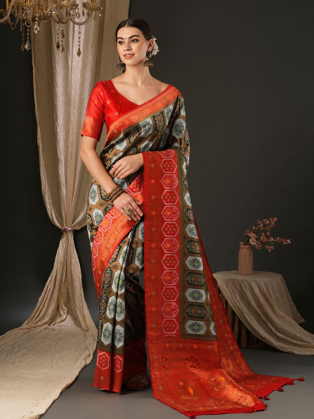 Silk Blend Red Woven Design Designer Saree With Blouse