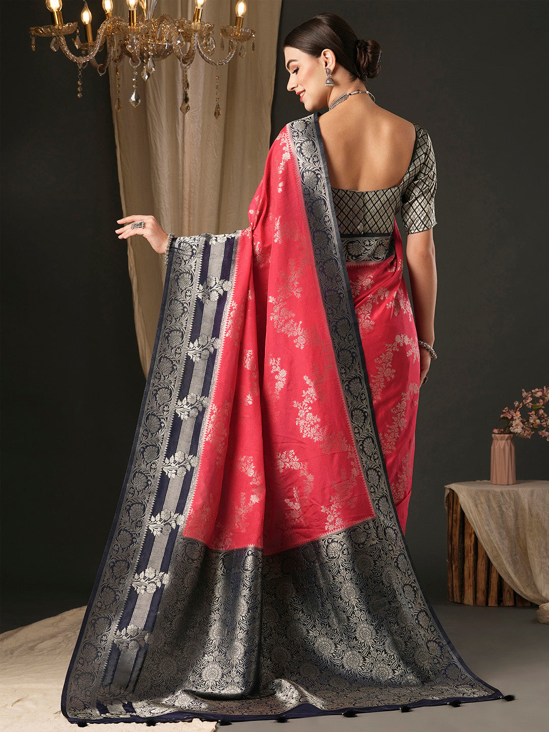 Georgette Navy Blue Woven Design Designer Saree With Blouse