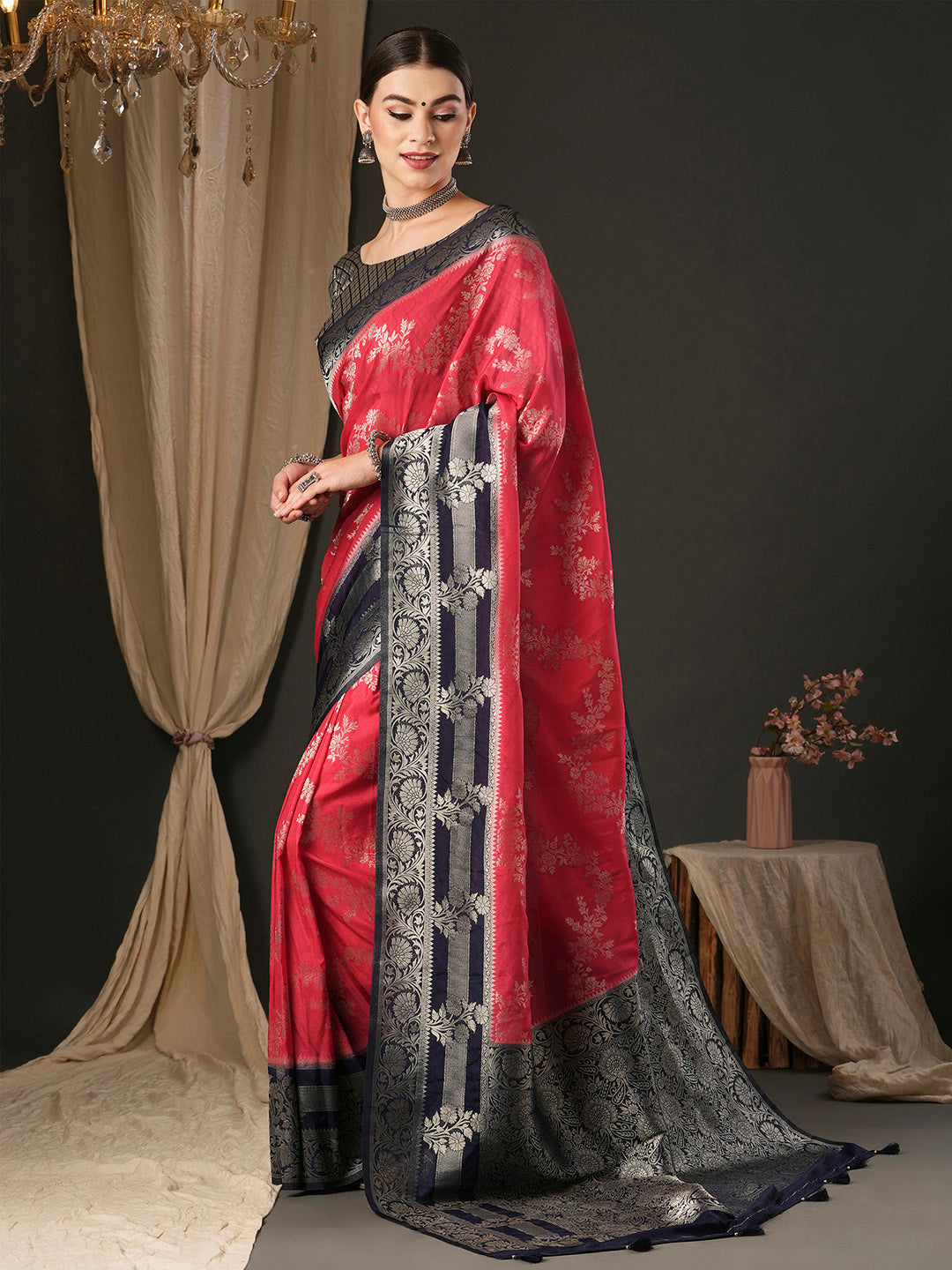 Georgette Navy Blue Woven Design Designer Saree With Blouse