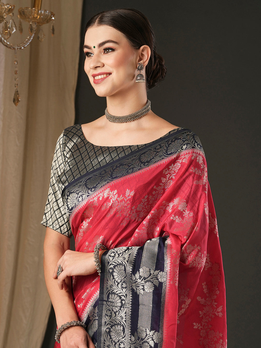 Georgette Navy Blue Woven Design Designer Saree With Blouse