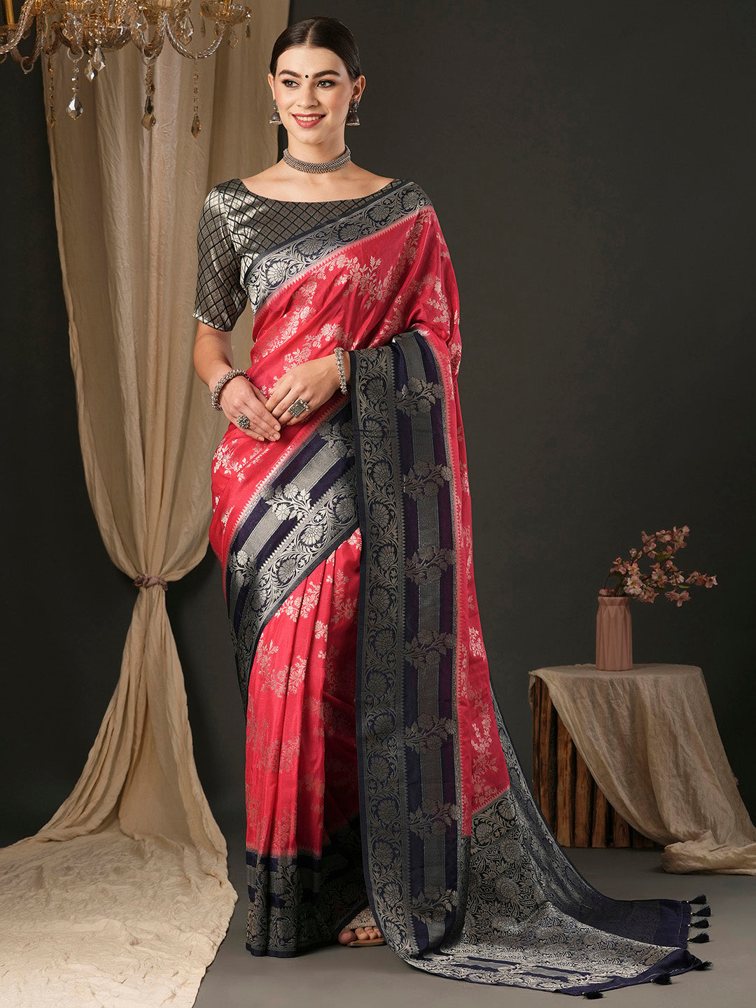 Georgette Navy Blue Woven Design Designer Saree With Blouse