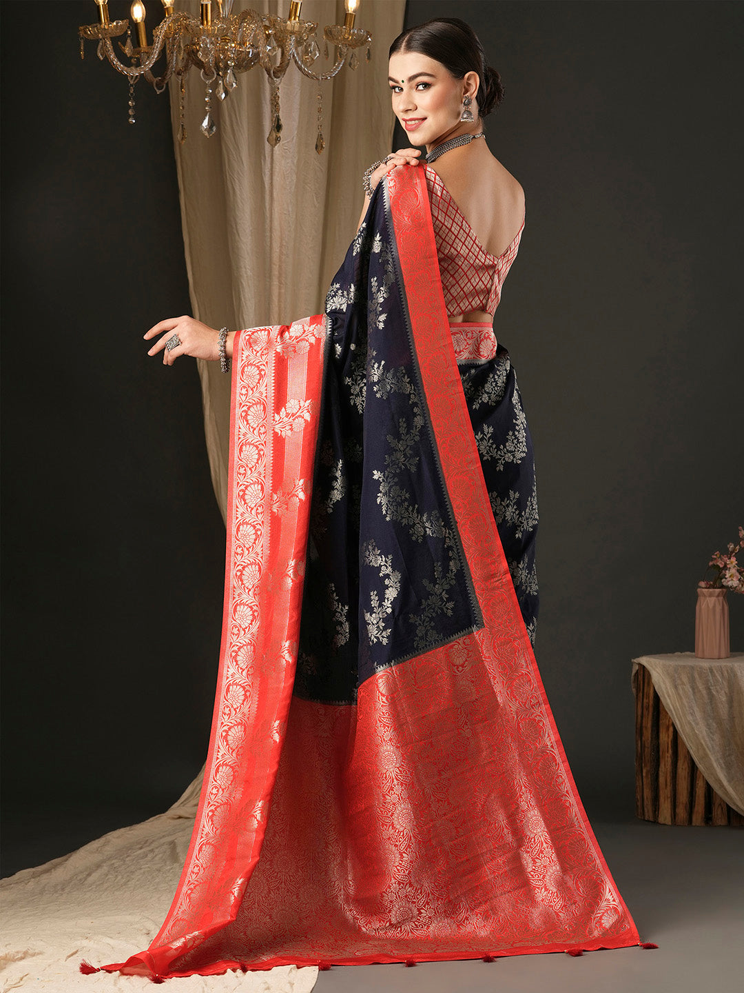 Georgette Red Woven Design Designer Saree With Blouse