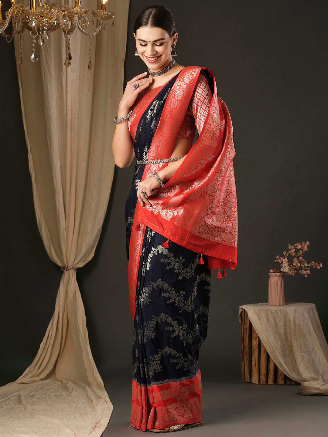 Georgette Red Woven Design Designer Saree With Blouse