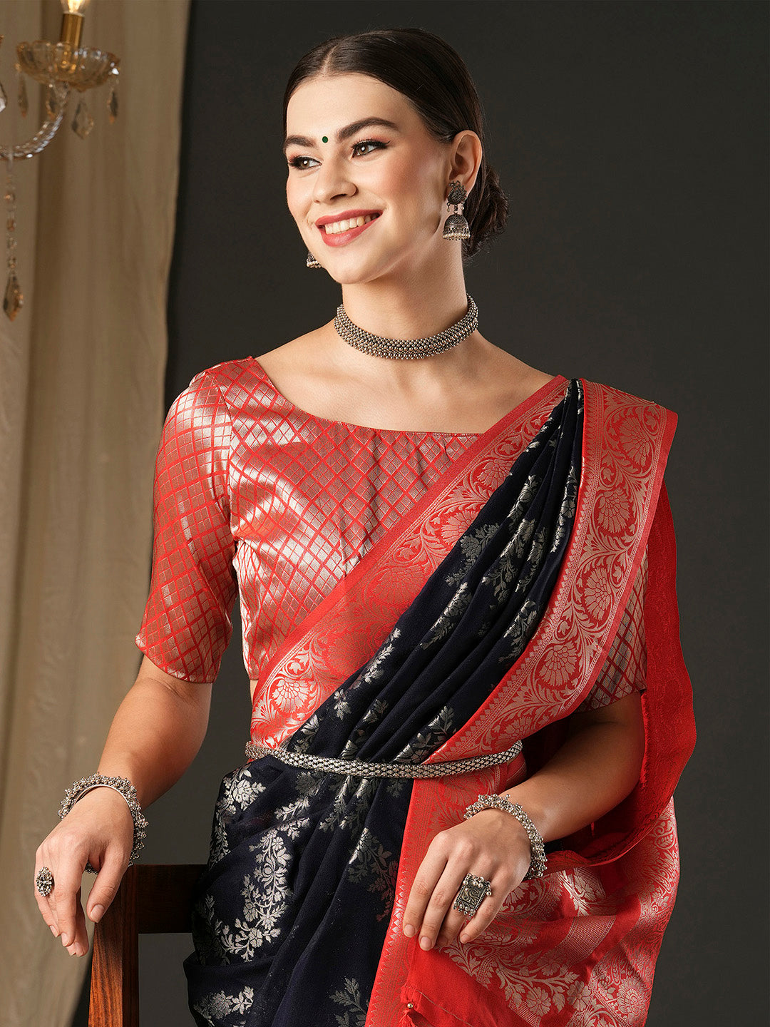 Georgette Red Woven Design Designer Saree With Blouse