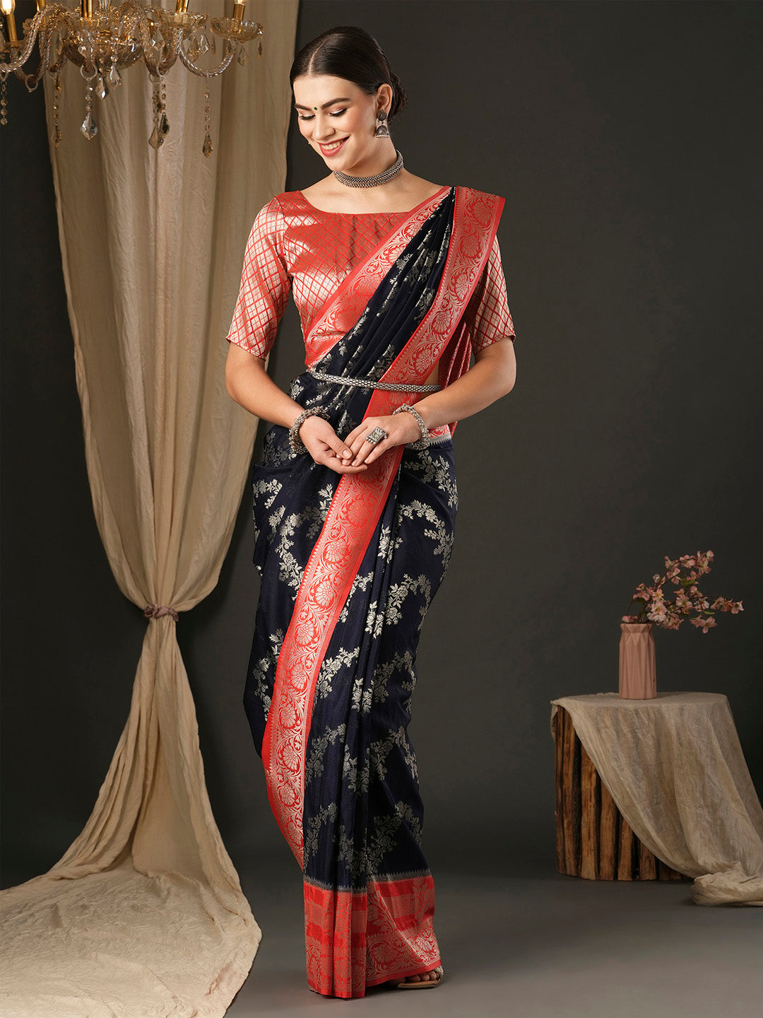 Georgette Red Woven Design Designer Saree With Blouse