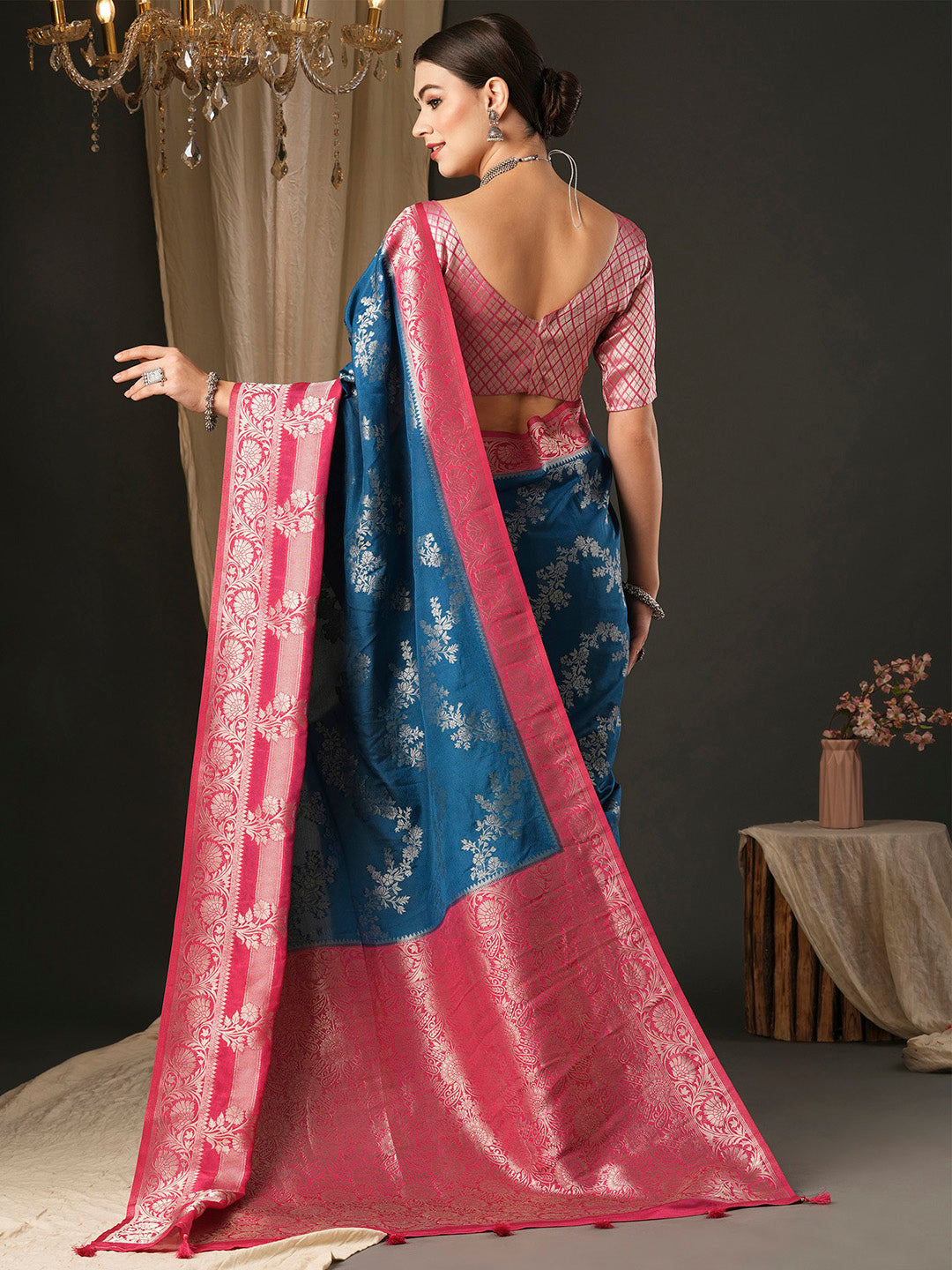 Georgette Pink Woven Design Designer Saree With Blouse