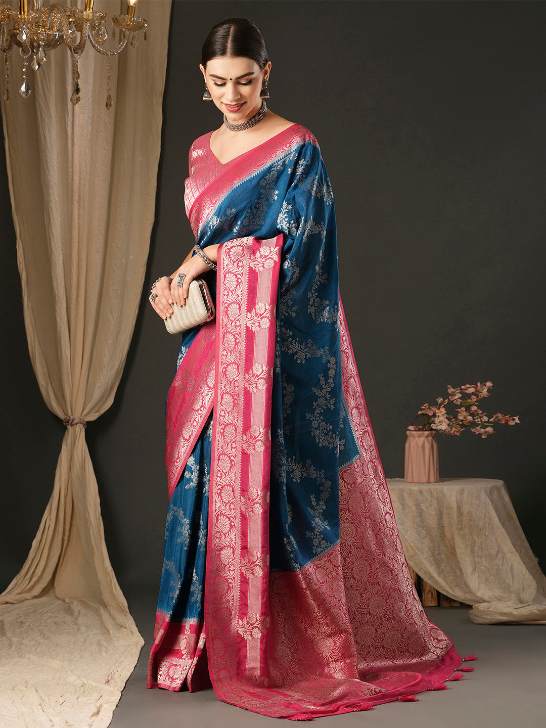 Georgette Pink Woven Design Designer Saree With Blouse